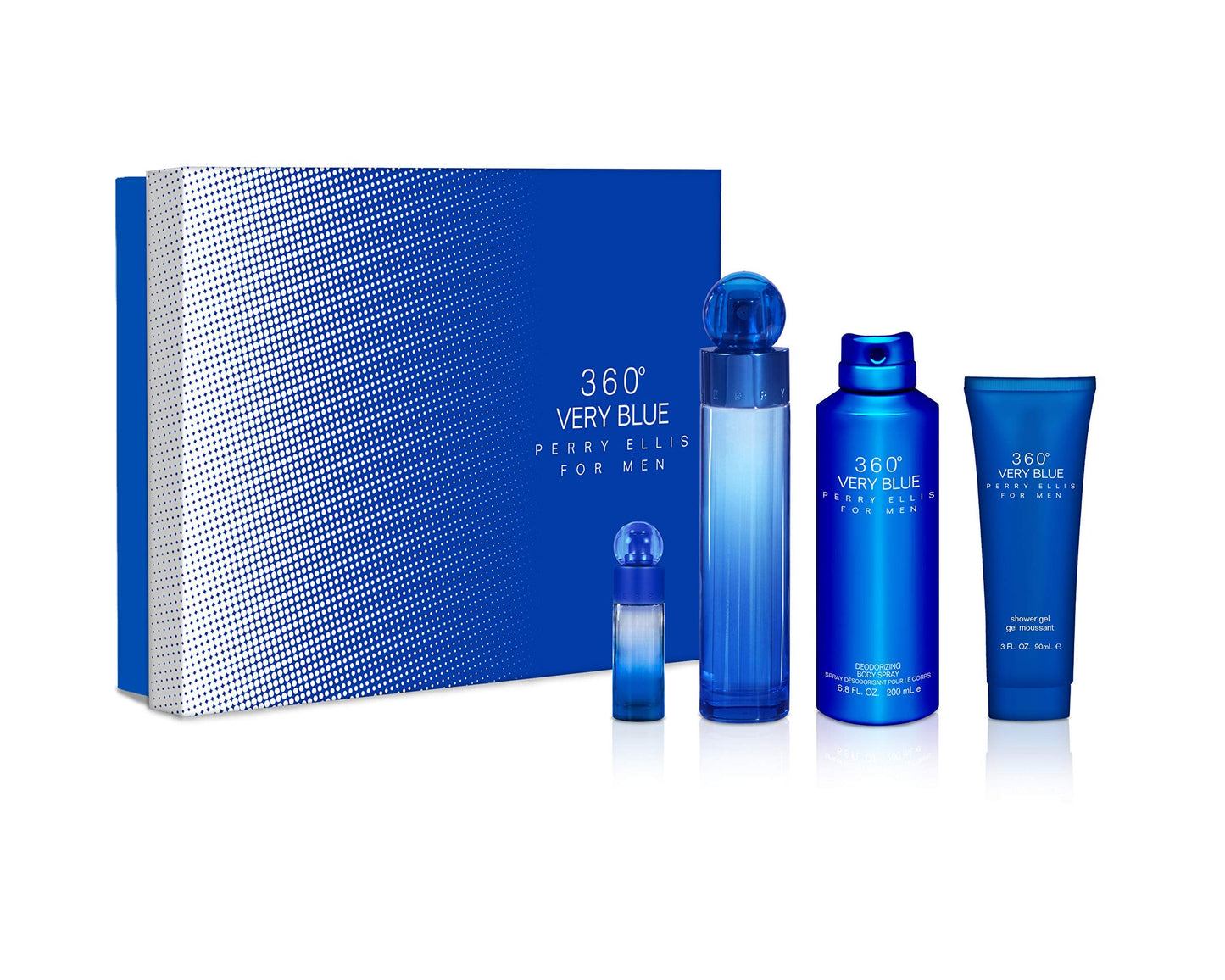 Perry Ellis 360 Very Blue By Perry Ellis for Men - 4 Pc Gift Set 3.4oz Edt Spray, 7.5ml Edt Spray, 6.8oz Body Spray, 3oz Shower Gel, 4count Beauty & Personal Care Perry Ellis