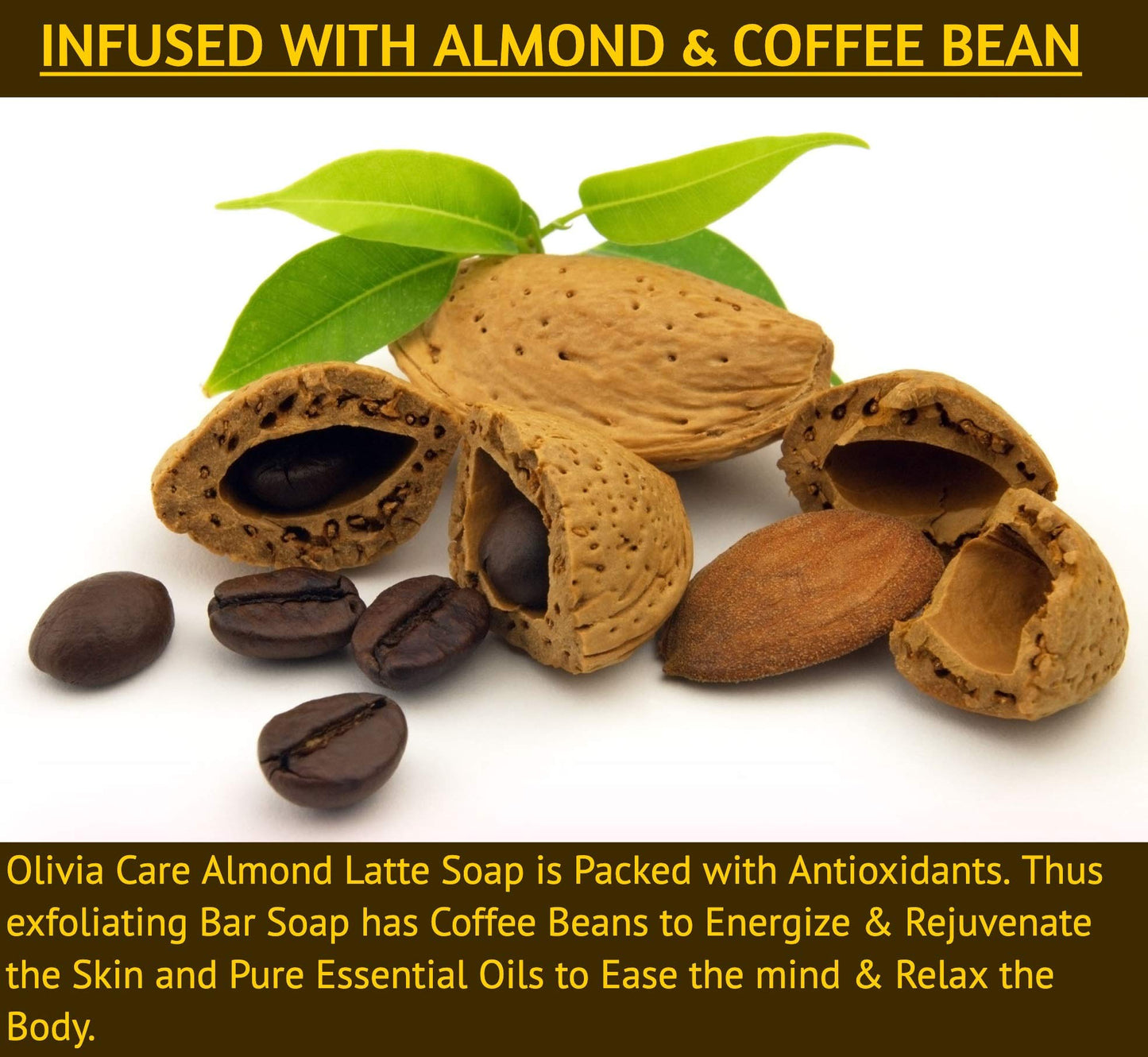 Olivia Care Exfoliating Bar Soap, Coffee Beans, 100% Natural, Organic Ingredients, Clean Energize Mind Body, Full of Vitamin & Antioxidants (Almond Beauty & Personal Care Olivia Care