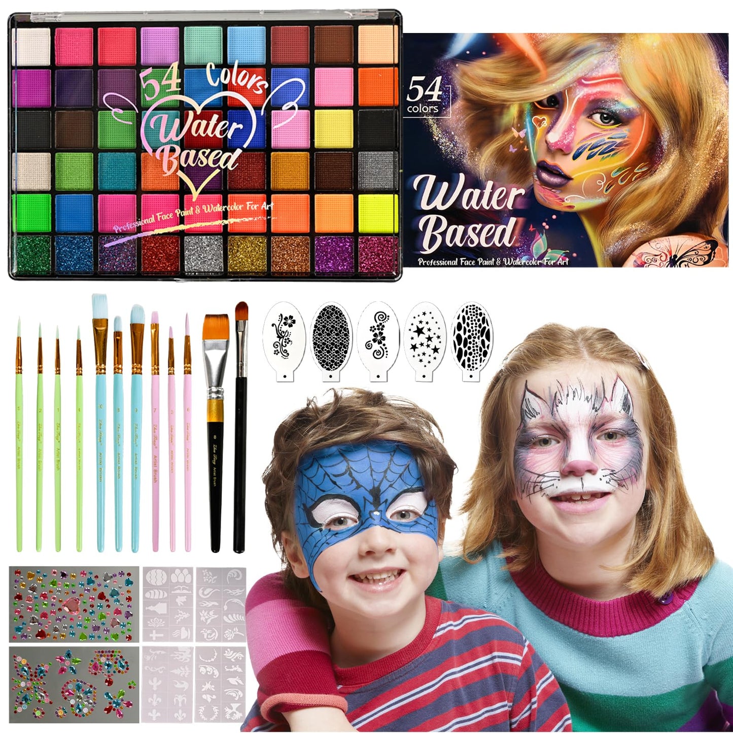 KNLDEFV 54 Color Kids Face Painting Kit, Non Toxic Water Activated Face Paint Palette with Stencils, Brush, Sparkle Gems. Perfect for Birthday Beauty & Personal Care KNLDEFV