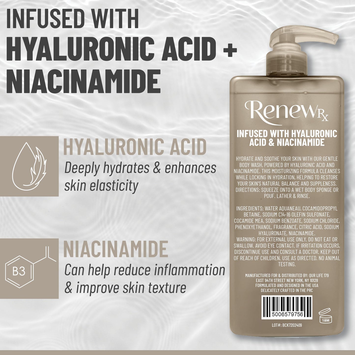 RENEW RX Hyaluronic Acid + Niacinamide Body Wash - Hydrating Skin Care Cleanser for Brightening & Skin Perfecting, Vegan Skincare, 32 fl oz Beauty & Personal Care RENEW RX