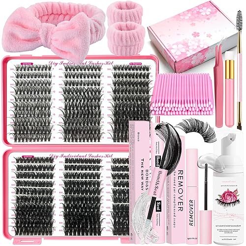 DNSGOOR DIY Lash Extension Kit 590Pcs 9-18mm D Curl Lashes Clusters with Lash Bond and Seal Glue Remover Lash Shampoo Cleansing Brush Headband… Beauty & Personal Care DNSGOOR