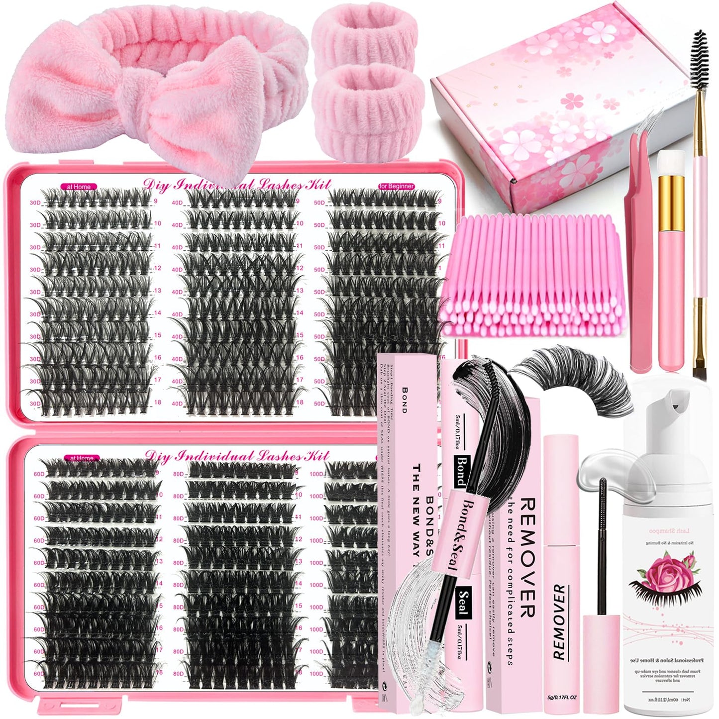 DNSGOOR DIY Lash Extension Kit 590Pcs 9-18mm D Curl Lashes Clusters with Lash Bond and Seal Glue Remover Lash Shampoo Cleansing Brush Headband… Beauty & Personal Care DNSGOOR