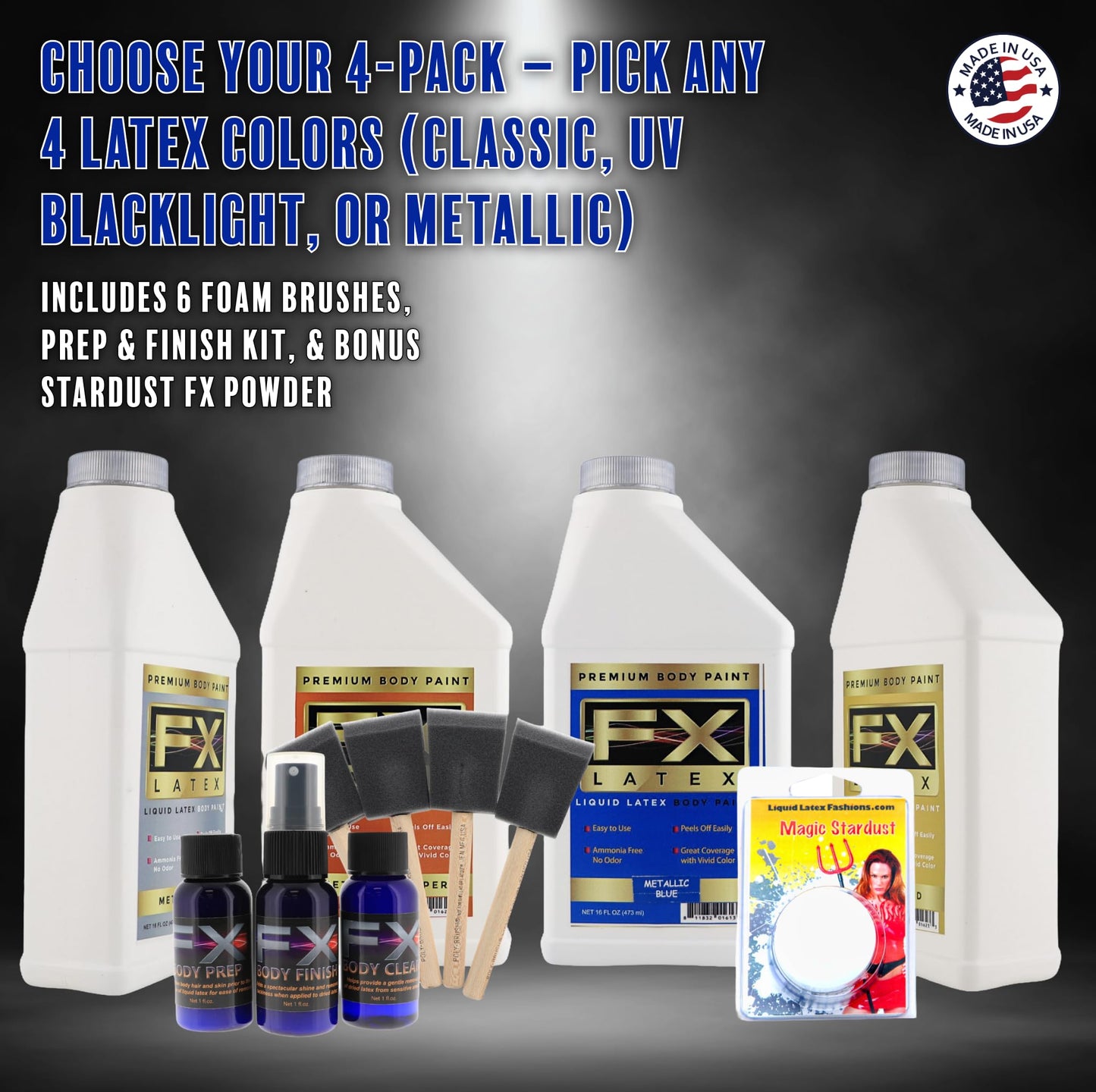 (4) 16oz Liquid Latex Build Your Own Pack + Brushes, Prep Kit, and Stardust- Fantasy Fun Body Paint Kit, Sports, Theater, Film, Makeup Beauty & Personal Care Liquid Latex Fashions