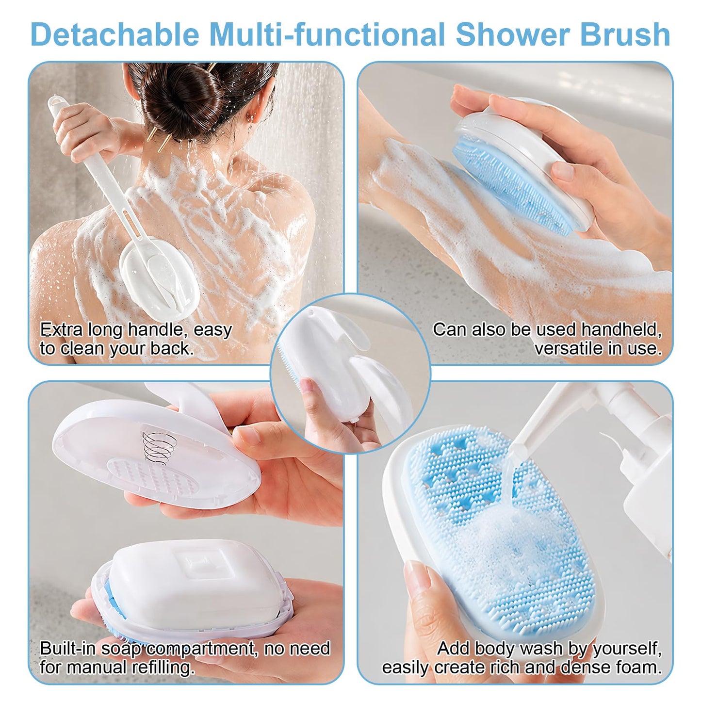Silicone Shower Scrubber with Soap Reservoir, 2026 New Detachable Curved Long Handle Brush, Quick-Drying, Non-Slip Grip, Deep Cleansing & Exfoliating Beauty and Personal Care WCLNM