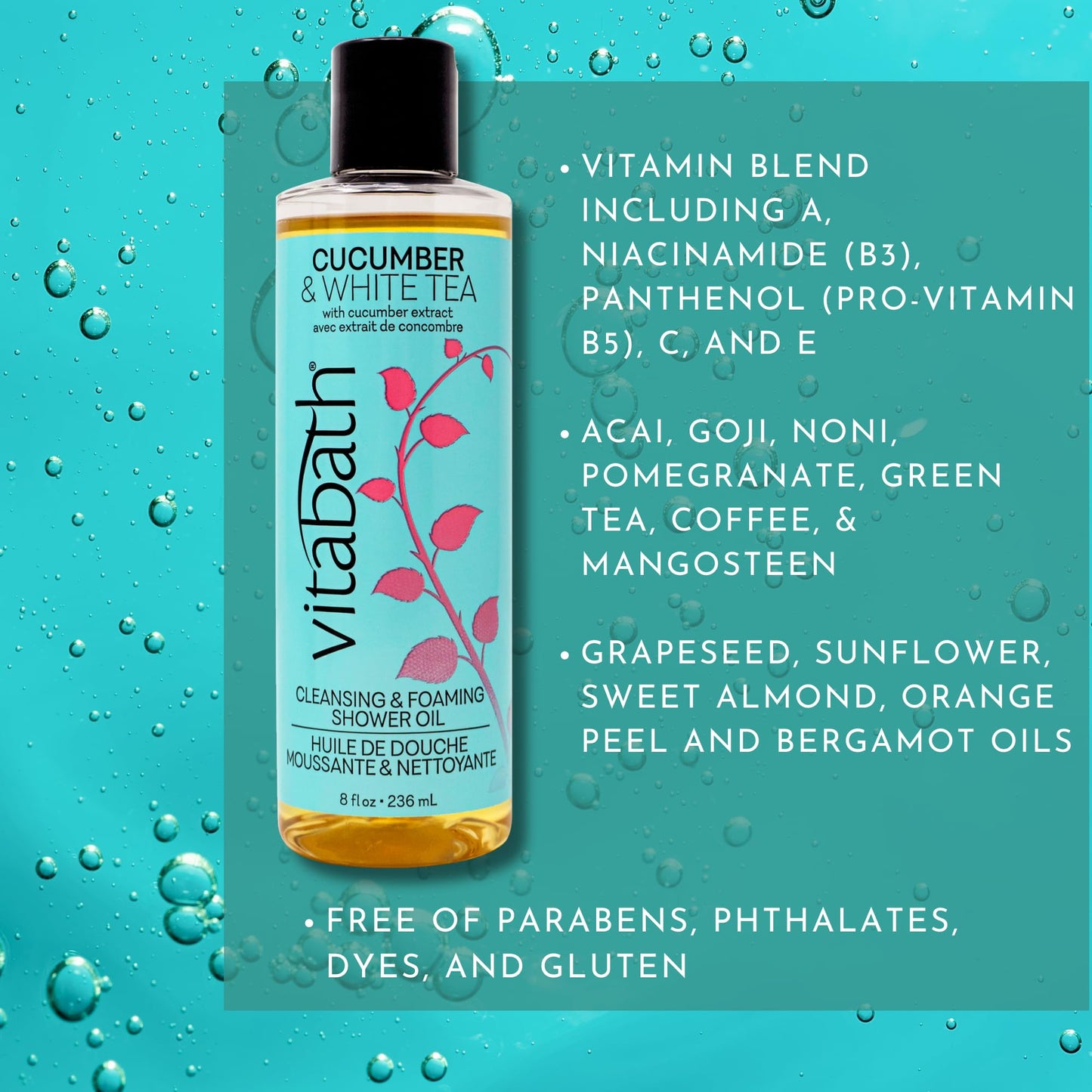 Vitabath Cucumber & White Tea Cleansing & Foaming Shower Oil Refreshing Nourishing Body Wash & Hydrate - Daily Essential Dry Skin Quench for Women Beauty & Personal Care Vitabath