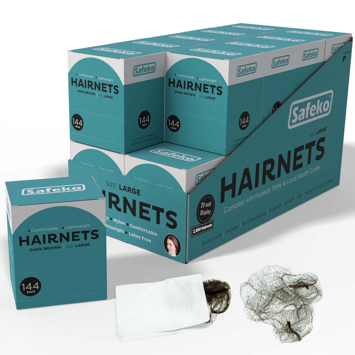SAFEKO Hair Nets 144 PCS, Individually Wrapped, Lightweight Nylon Hairnets, Latex-Free | Dark Brown, Large (24")