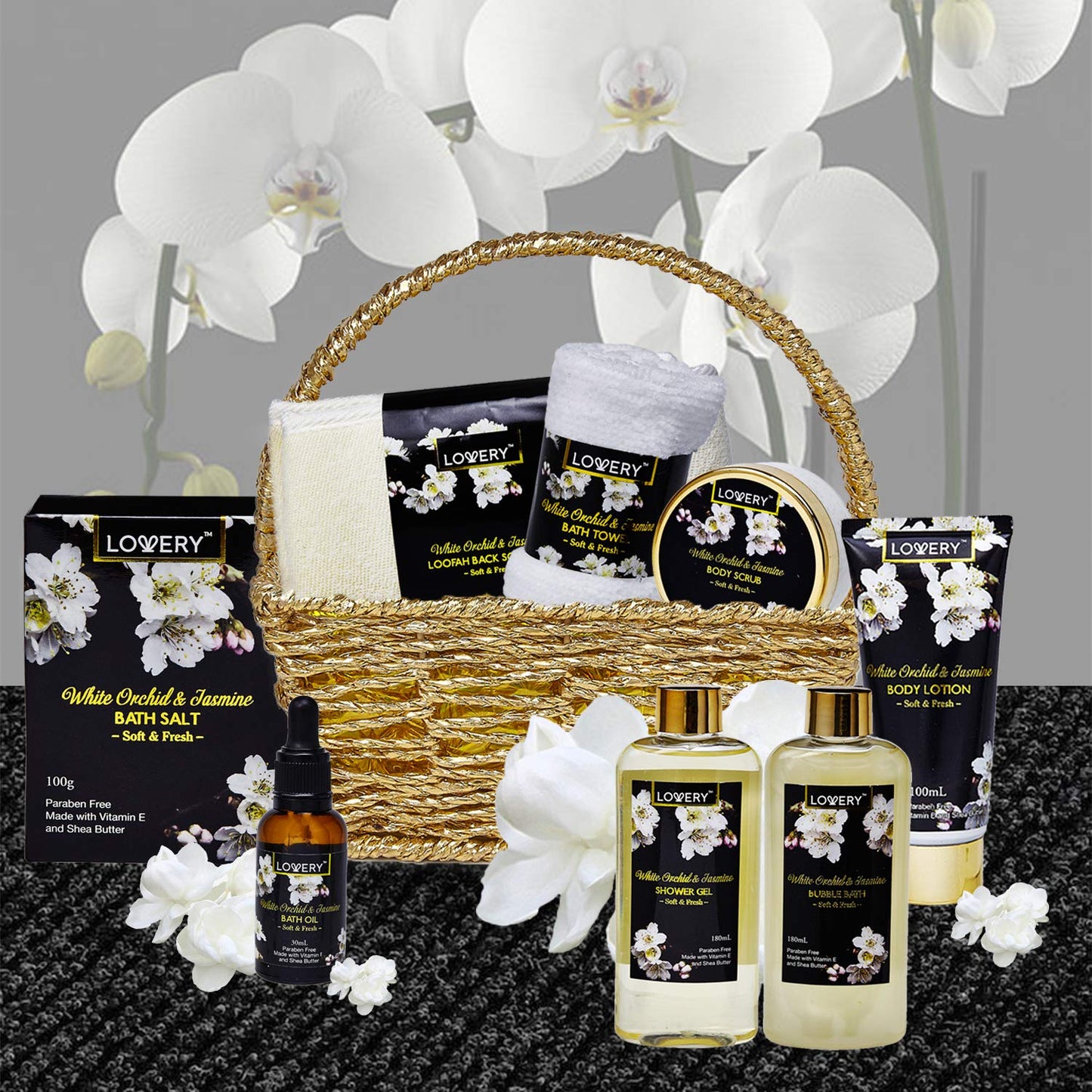Gift Baskets for women Mom Gifts, Bath and Body Spa Set- Orchid & Jasmine Home Spa Set With Body Scrubs, Lotions, Oils, Gels and More - Care Package Beauty & Personal Care LOVERY