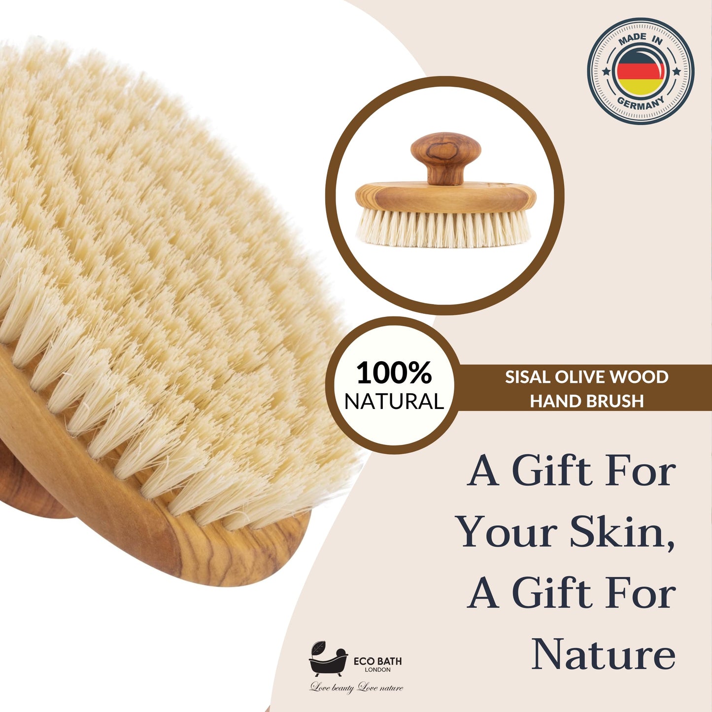 Eco Bath London Natural Sisal Olive Wood Hand Brush - Luxury Body Brush for Dry Brushing and Exfoliation, Premium Olive Wood Sisal Brush Beauty and Personal Care Eco Bath London