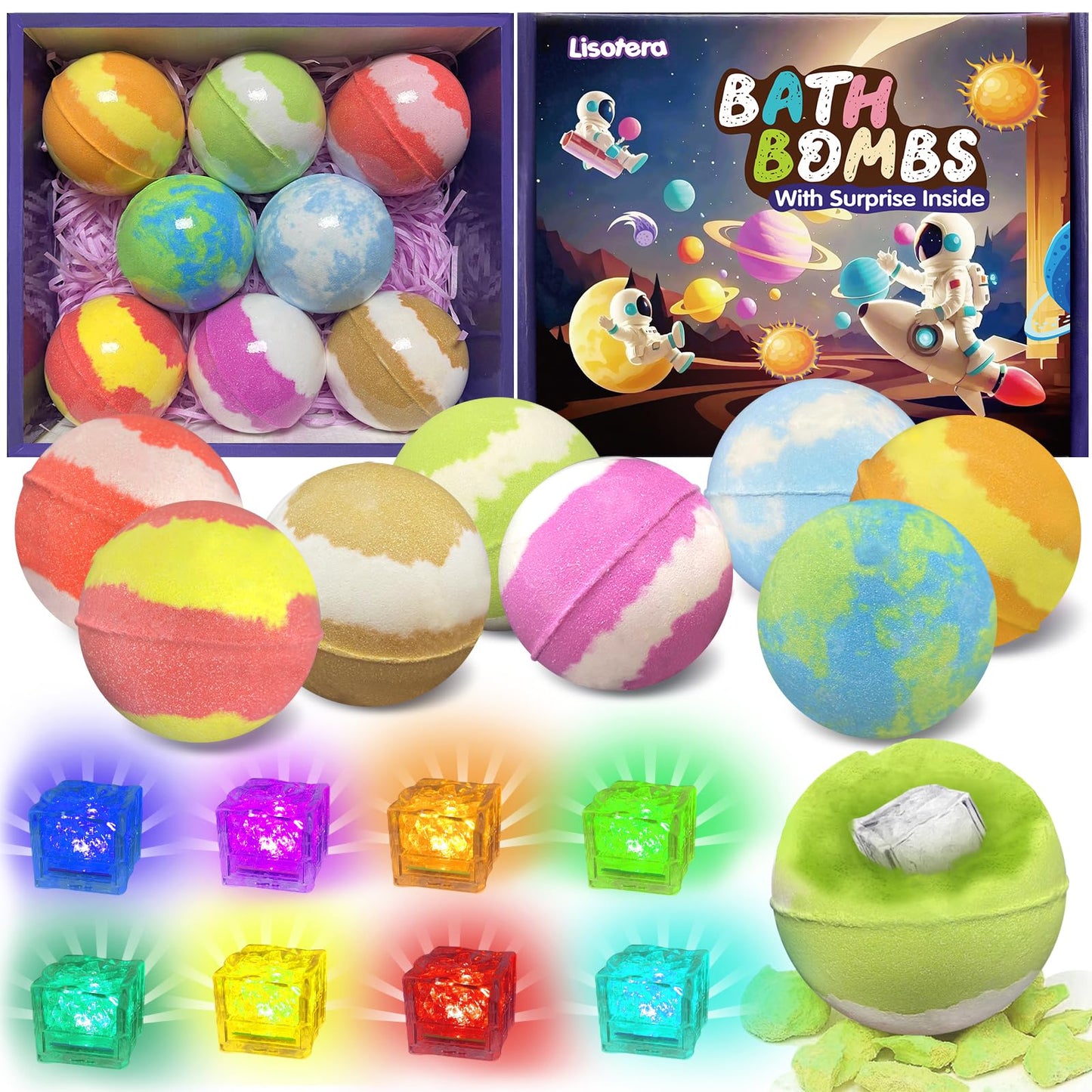Bath Bombs for Kids with Toys Inside, 8 Light up Bath Bomb of Solar System Set, Planet Bath Bomb with Surprise Inside, Kid-Friendly Bubble Bath Beauty and Personal Care Lisotera