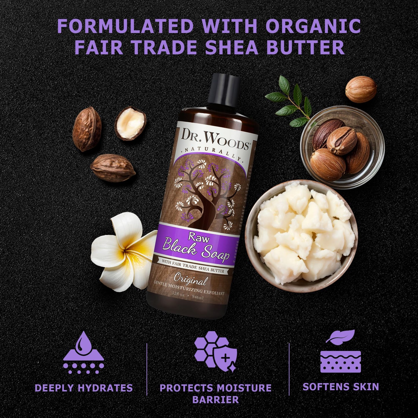 Dr. Woods Raw African Liquid Black Soap - Body Wash for Men and Women, Contains Organic Shea Butter, Gentle Exfoliant, Natural Cleanser for Face Beauty & Personal Care Dr. Woods
