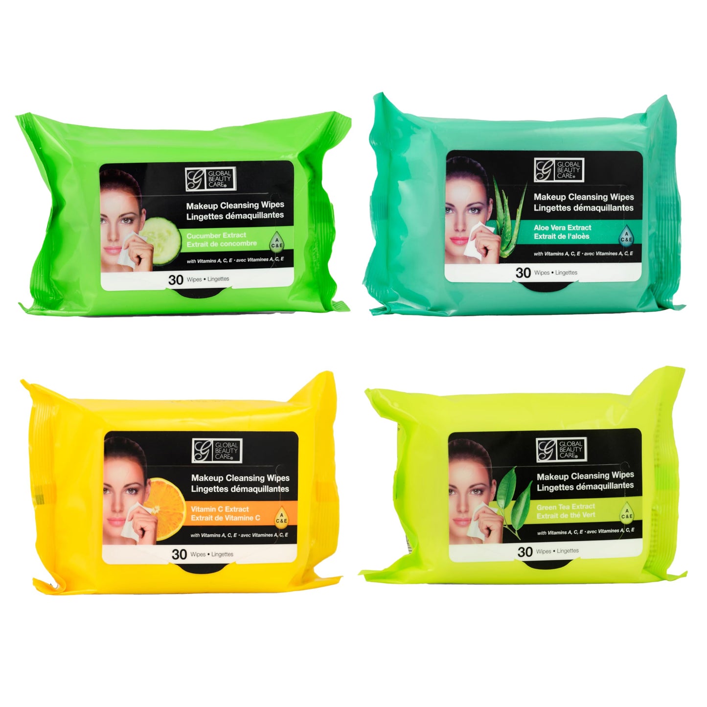 Global Beauty Care Assorted Makeup Remover Wipes Variety Pack - Green Tea, Aloe Vera, Vitamin C & Cucumber Extract Facial Cloths, Removes Waterproof Beauty & Personal Care Global Beauty Care