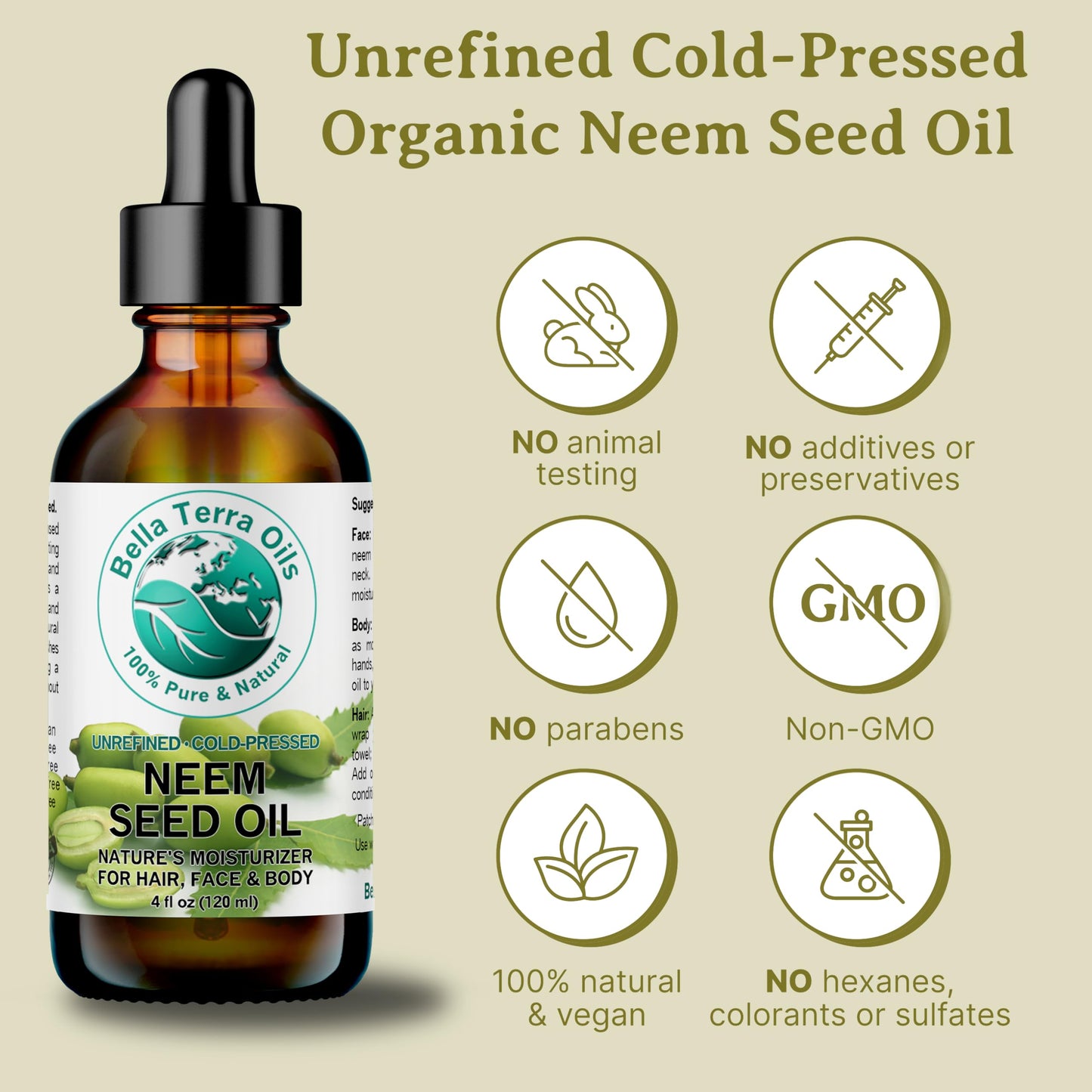 Bella Terra Oils - Organic Neem Seed Oil 8 oz - Harnessing the Power of Organic Neem Seeds, Rich in Stearic Acid, A Luxurious Elixir for Natural Skin Beauty & Personal Care Bella Terra Oils