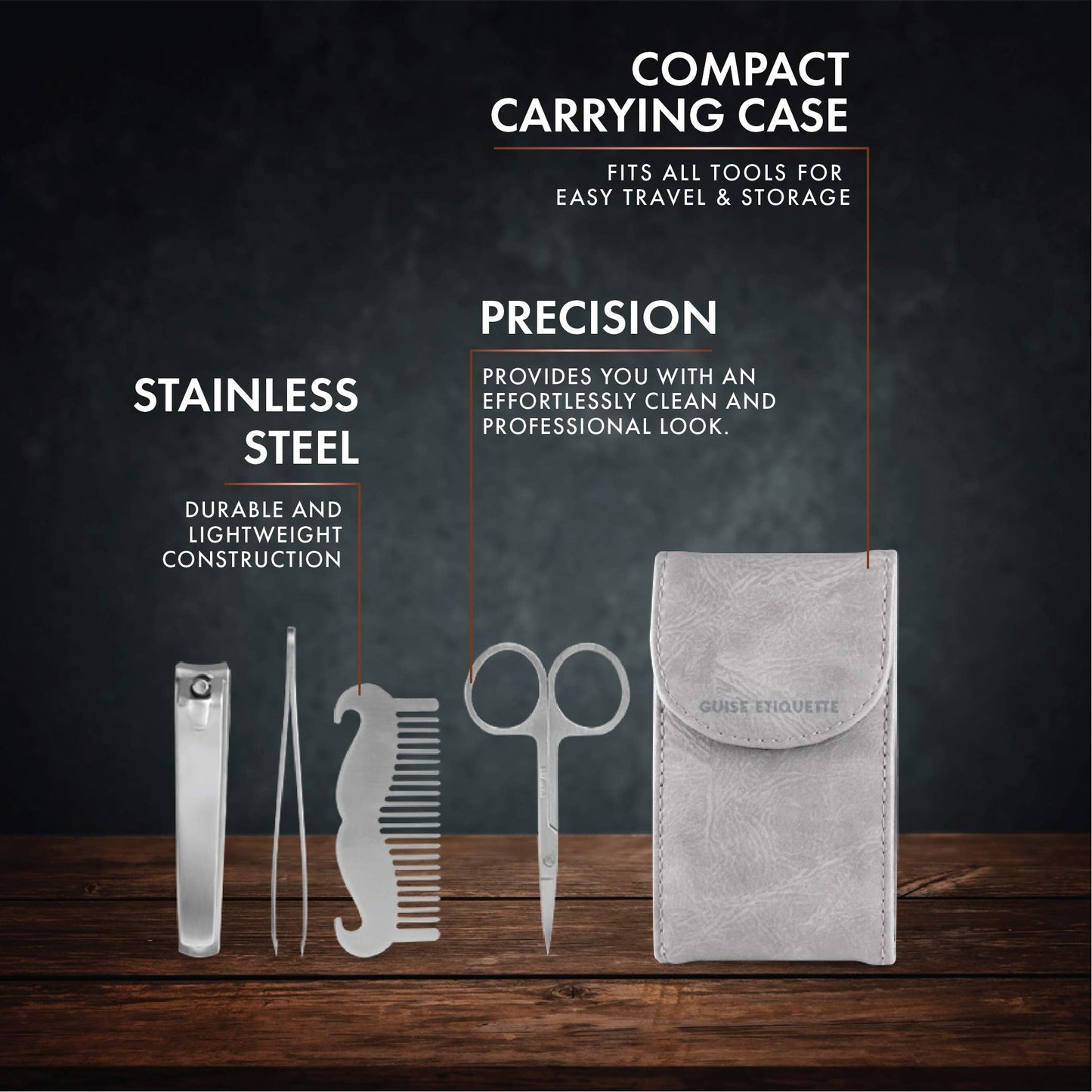GUISE ETIQUETTE - 5 Piece Personal Travel Kit Set with Carrying Case (K12 Ion Series) - Grooming Kit with Stainless Steel Beard & Mustache Comb, Nail Beauty and Personal Care GUISE ETIQUETTE