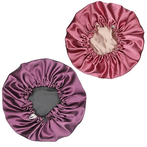 Satin Sleep Cap, Adjustable Satin Cap, Silk Bonnet, Reusable Bath Hair Cap for Night Sleeping Reversible Double Layer 2 Pack (Eggplant + Blush) Beauty & Personal Care Hanbertti