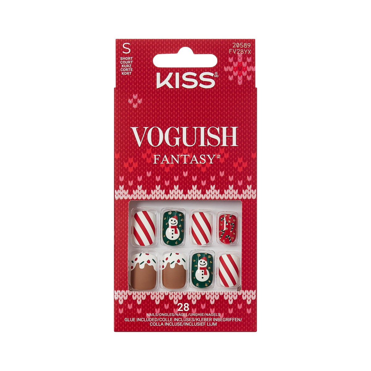 KISS Voguish Fantasy Holiday Press On Nails, ‘Snow Pops’, Multicolor, Short Squoval, No Damage To Natural Nails, Pink Gel Nail Glue (2g), Mini Nail