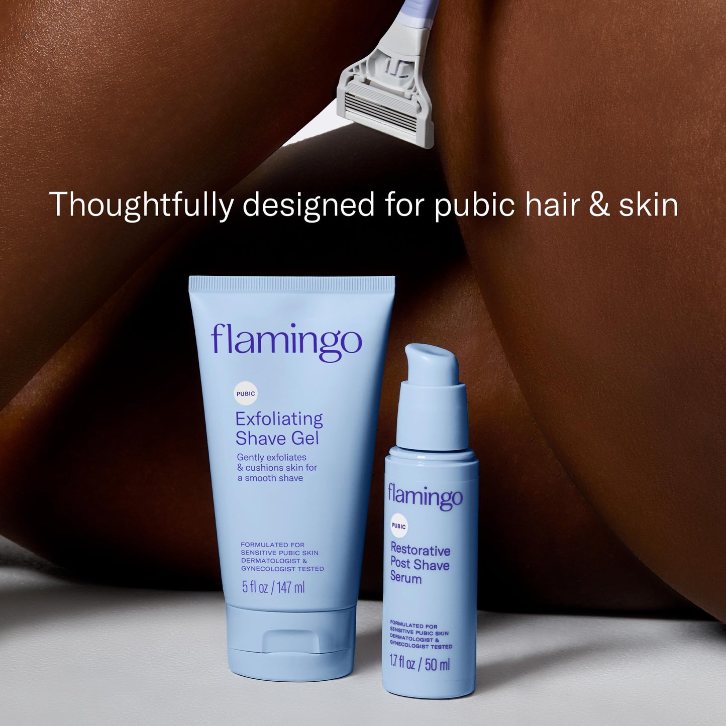 Flamingo Pubic Hair Razor for Women, Shaving Kit, 1 Razor, Exfoliating Shaving Gel 5 fl oz - Restorative Post Shave Serum 1.7 fl oz, Starter Set, Full Beauty and Personal Care Flamingo