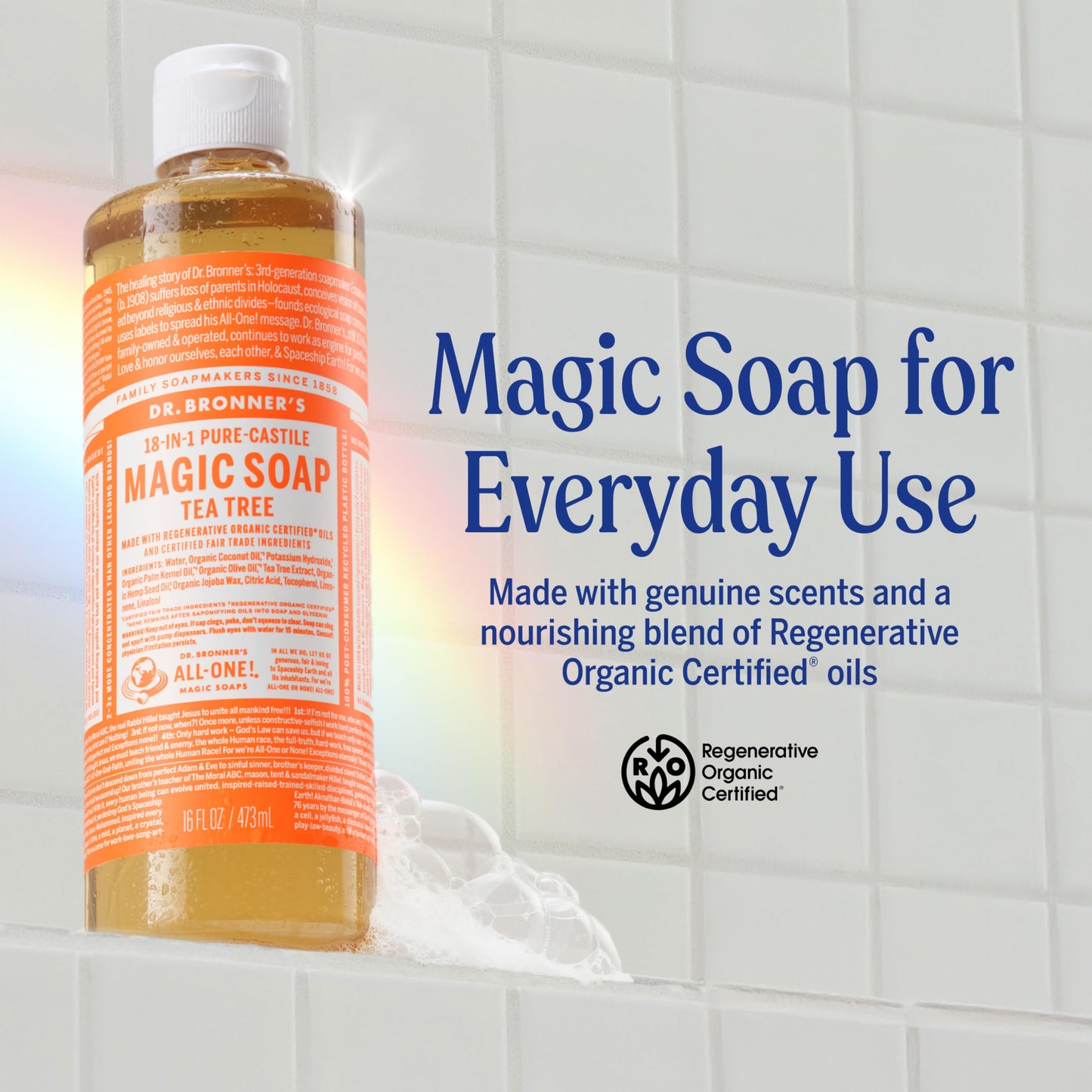 Dr. Bronner's Pure-Castile Magic Soap Liquid (Tea Tree, 16 Ounce, 2-Pack)-Made with Regenerative Organic Certified Oils, 18-in1 Uses: Face, Hair, Hand Beauty & Personal Care Dr. Bronner's