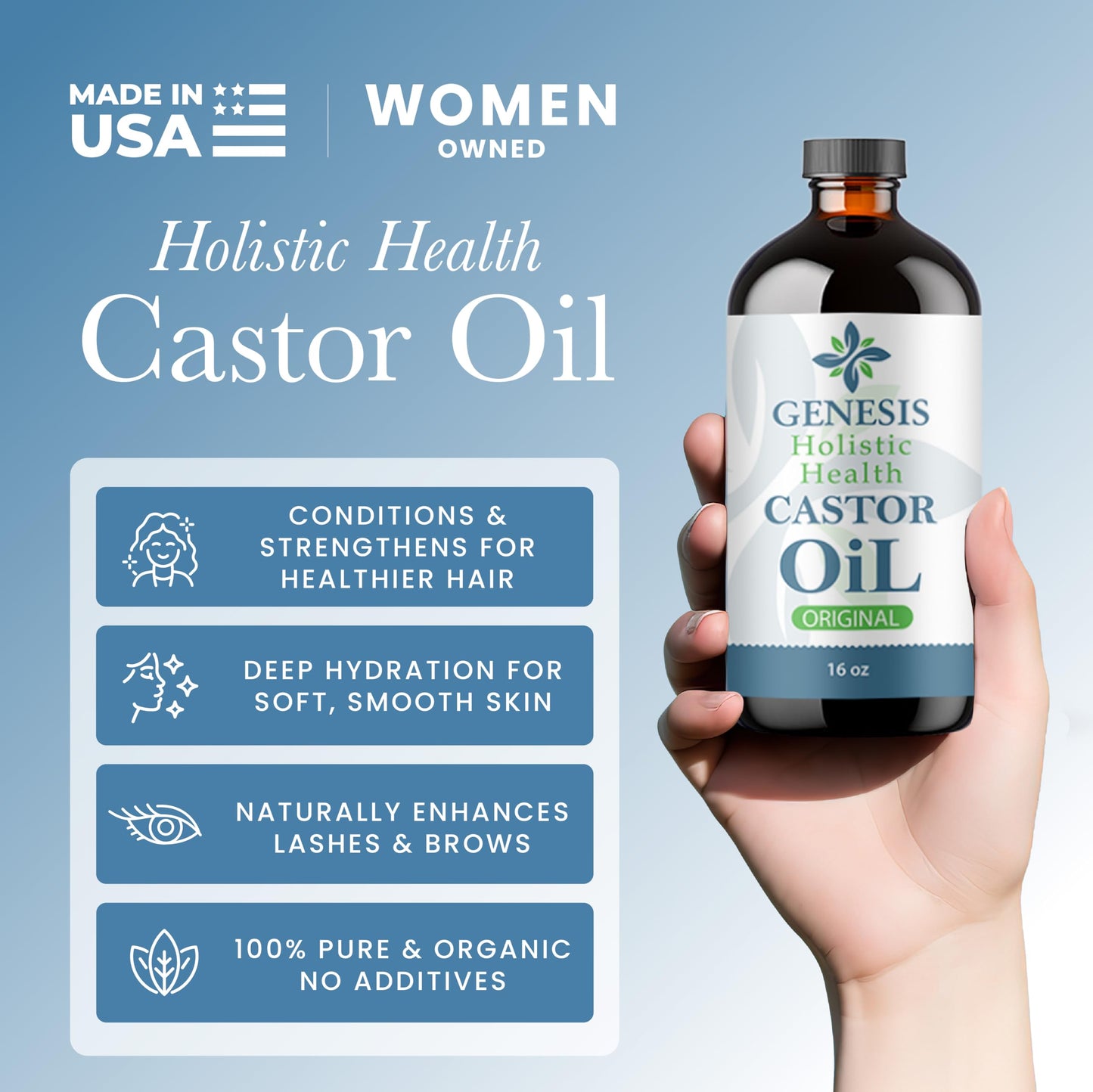 Genesis Holistic Health Organic Castor Oil - 100% Pure, Cold Pressed, Hexane Free - Nourishing Hair & Skin Oil - Eyelash & Eyebrow Growth, Deep Beauty & Personal Care Genesis Holistic Health