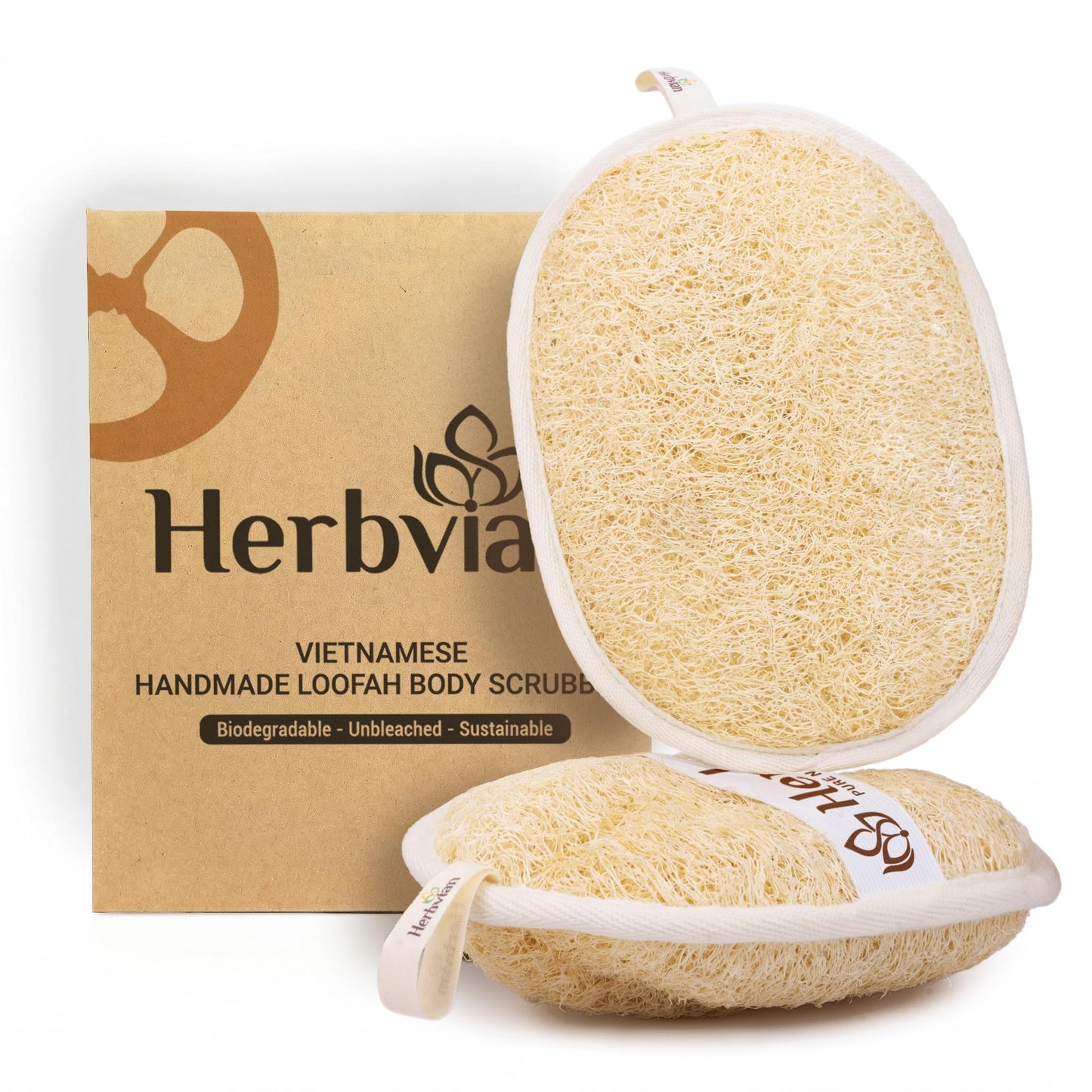Herbvian Vietnamese Natural Loofah Exfoliating Body Scrubber Pads, 100% Plant-Based Shower Luffa Sponge, Bath Loofah for Women Men (2, Pack of 2) Beauty and Personal Care Herbvian