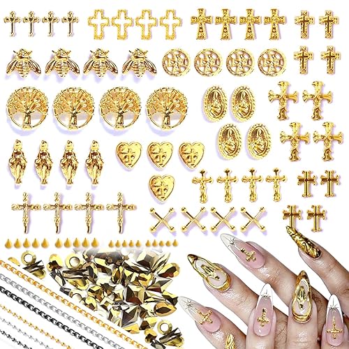 3D Cross Nail Charms,Gold Flat Back Nail Pearls Beads for Crafting,Cute Nail Charms Y2k Rhinestones Jewelry for Nail Art Flower Virgin Mary Religious Beauty & Personal Care LCiclly