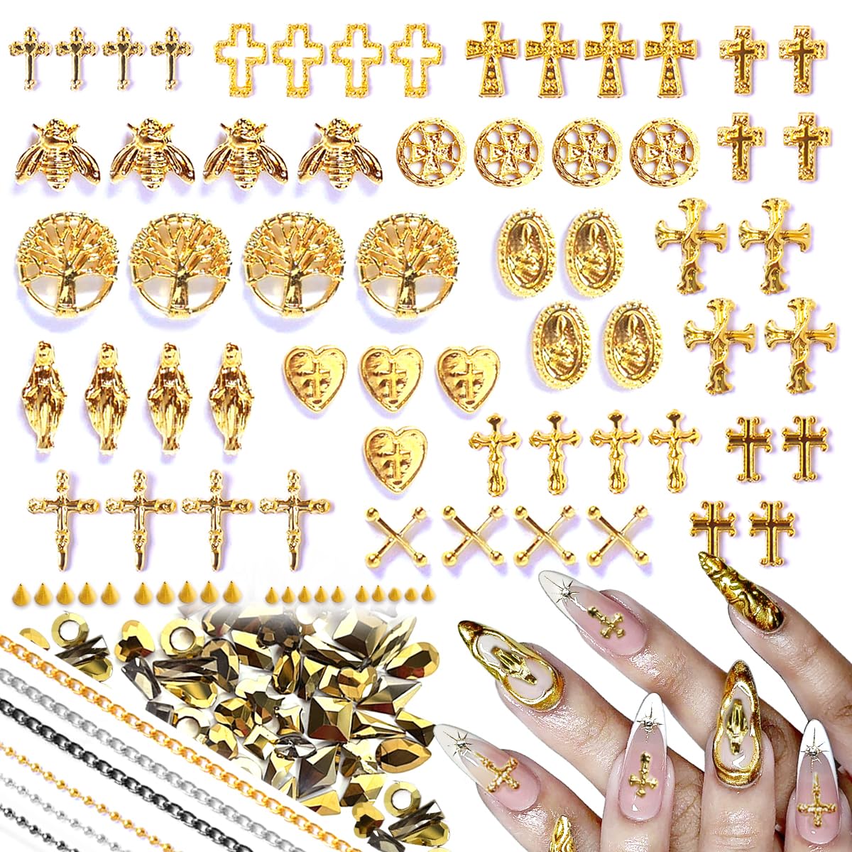 3D Cross Nail Charms,Gold Flat Back Nail Pearls Beads for Crafting,Cute Nail Charms Y2k Rhinestones Jewelry for Nail Art Flower Virgin Mary Religious Beauty & Personal Care LCiclly
