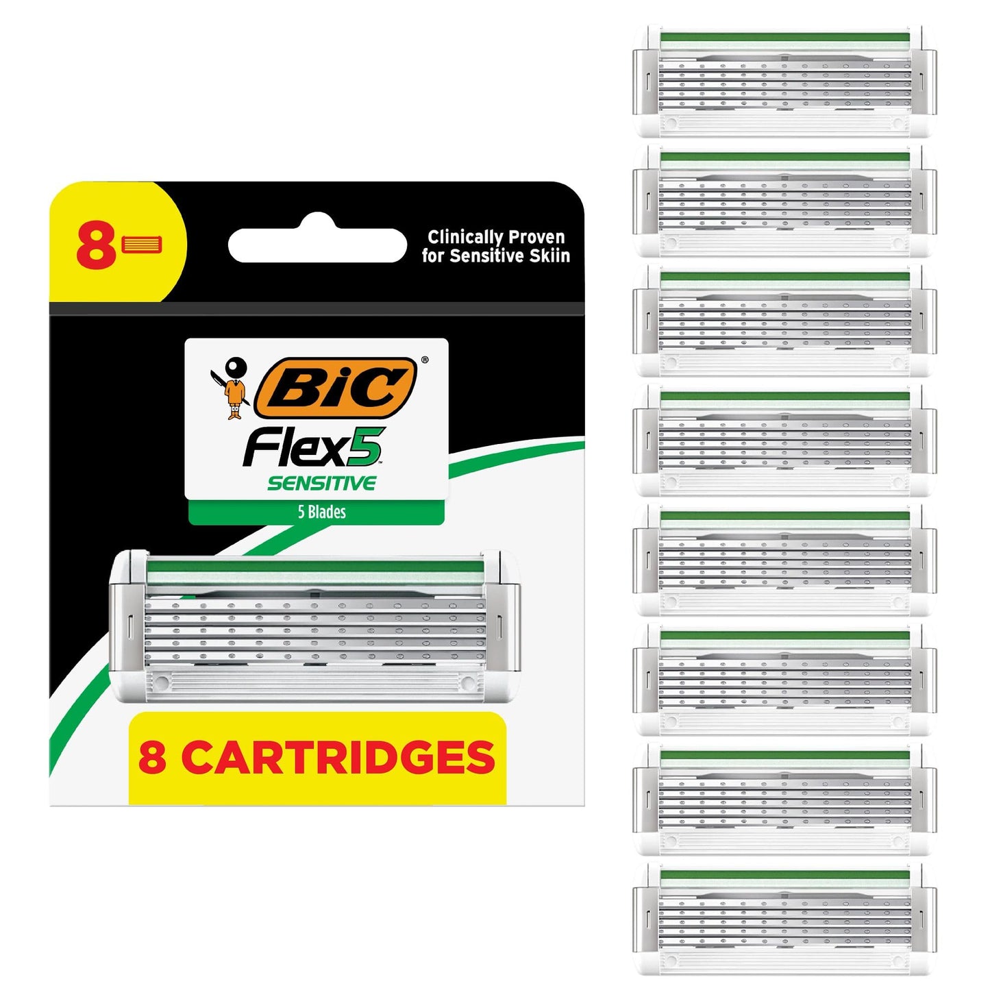 BIC Flex 5 Sensitive Men's 5-Blade Razor Refills, Clincally Proven for Sensitive Skin, 8 Refill Cartridges, 8-Pack Beauty and Personal Care BIC