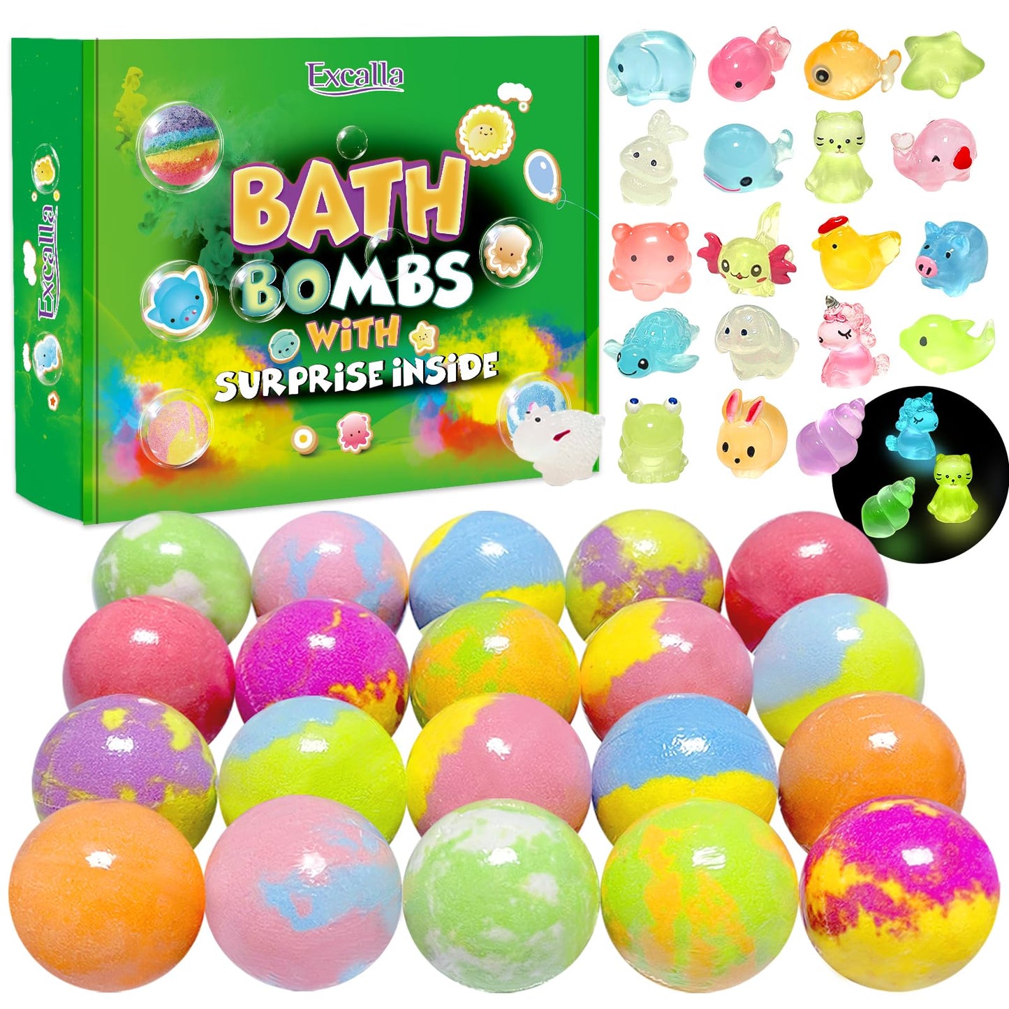 Bath Bombs for Kids with Surprise Toys Inside, 20 Pack Kids Bath Bombs with Glow in The Dark Toys, Natural Handmade Bubble Bath Fizzy Ball, Birthday Beauty and Personal Care Excalla