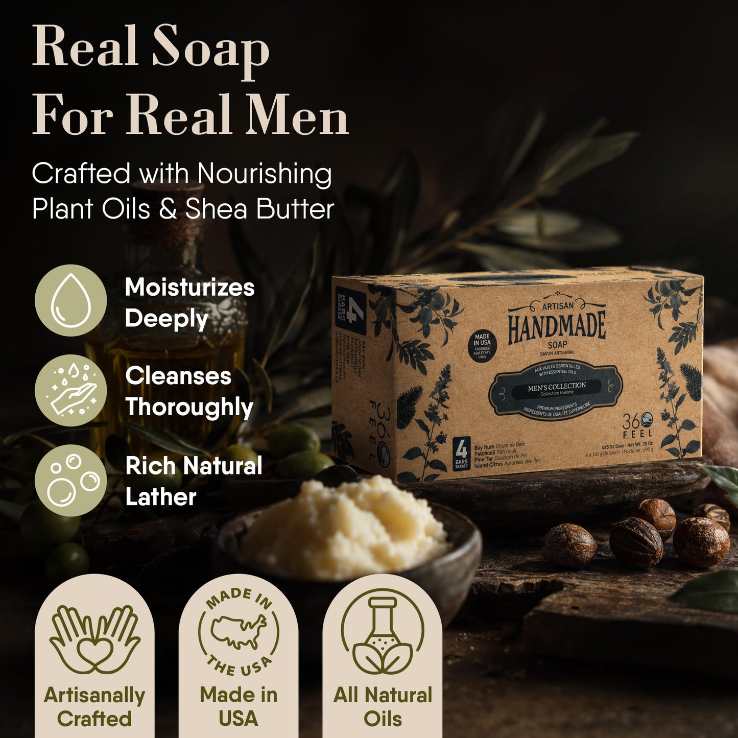 360Feel Mens Bar Soap - Made in the USA - Castile Handmade All Natural Cold Processed - Includes 4 Bold Masculine Scents: Bay Rum, Pine Tar Black Soap Beauty & Personal Care 360Feel