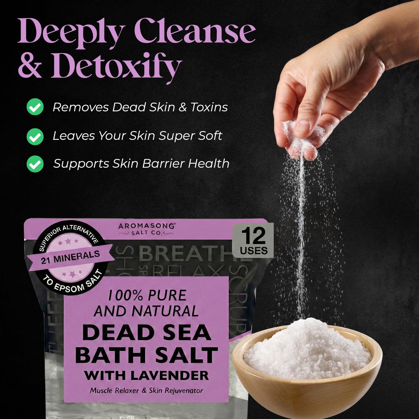 Aromasong Pure Dead Sea Salt for Soaking with 100% Natural Lavender, 5 LB - Spa Bath Salt Fine Grain - Body Wash Scrub - Soak for Women & Men- Bulk Beauty and Personal Care Aromasong