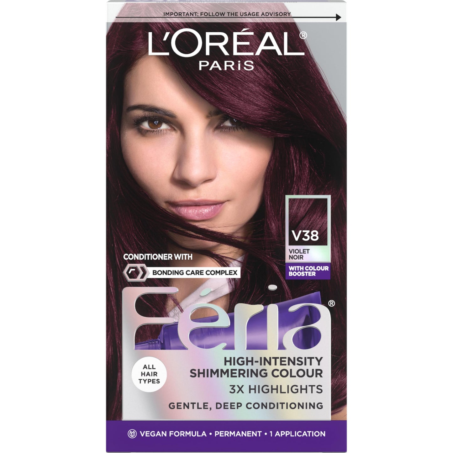 L'Oreal Paris Feria Multi-Faceted Shimmering Permanent Hair Color, V38 Violet Noir (Intense Deep Violet), Pack of 1 Hair Dye Kit Beauty & Personal Care L'Oreal Paris