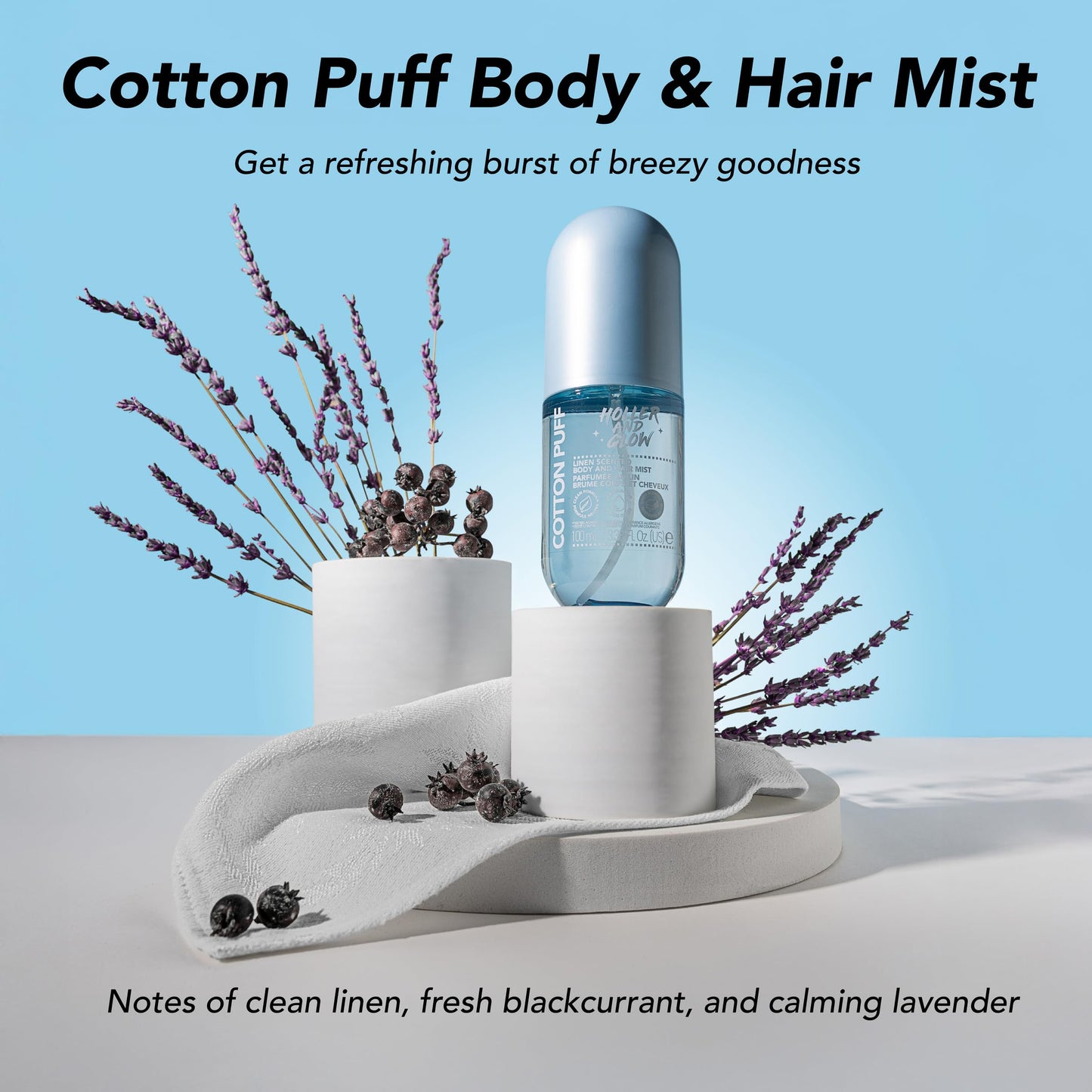 Holler And Glow Mood Boosting Cotton Puff Body & Hair Mist, Body Spray, Teen Girls Spritz, Long Lasting, Linen, Fresh Scented, Water Based Fragrance Beauty and Personal Care Holler & Glow