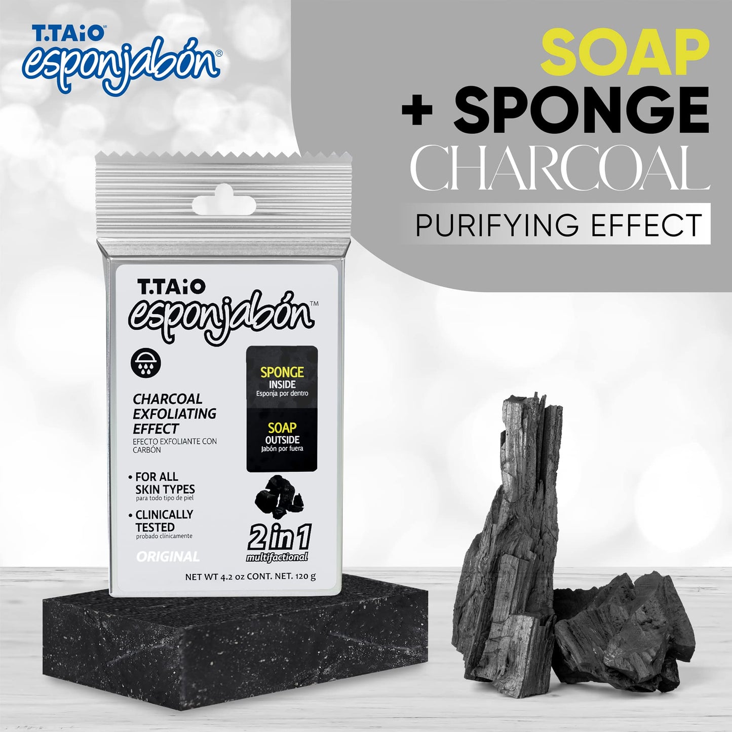 T.Taio Esponjabon Charcoal Soap Sponge - Cleansing Shower Scrubber - Cleaning Bath Wash Scrub - Oil Removal - Massage & Lather Foot, Elbow, & Face Beauty & Personal Care T.TAIO