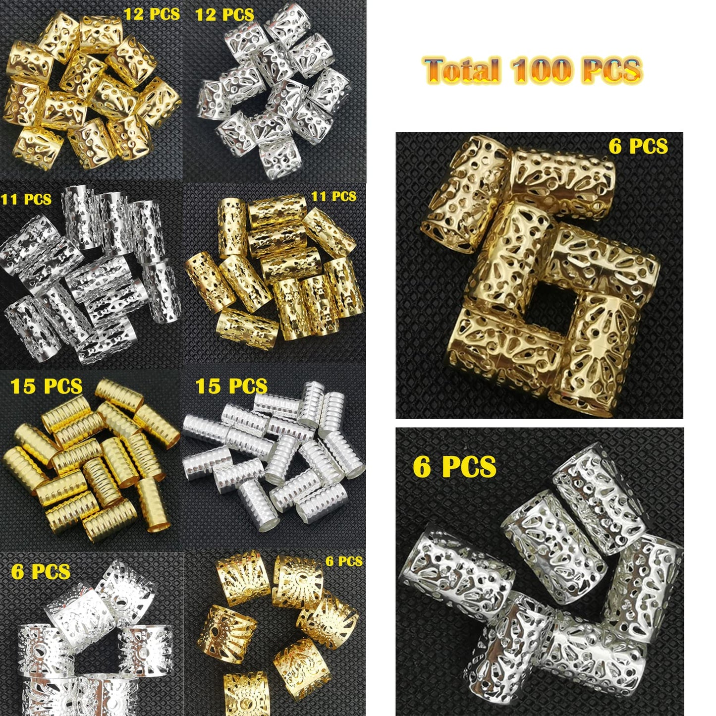 100 PCS Gold Hair Cuffs Hair Beads for Girls Silver Hair Jewelry for Braids Accessories, Flosius Hair Charms for Braids Dreadlock Accessories Loc Beauty & Personal Care Flosius