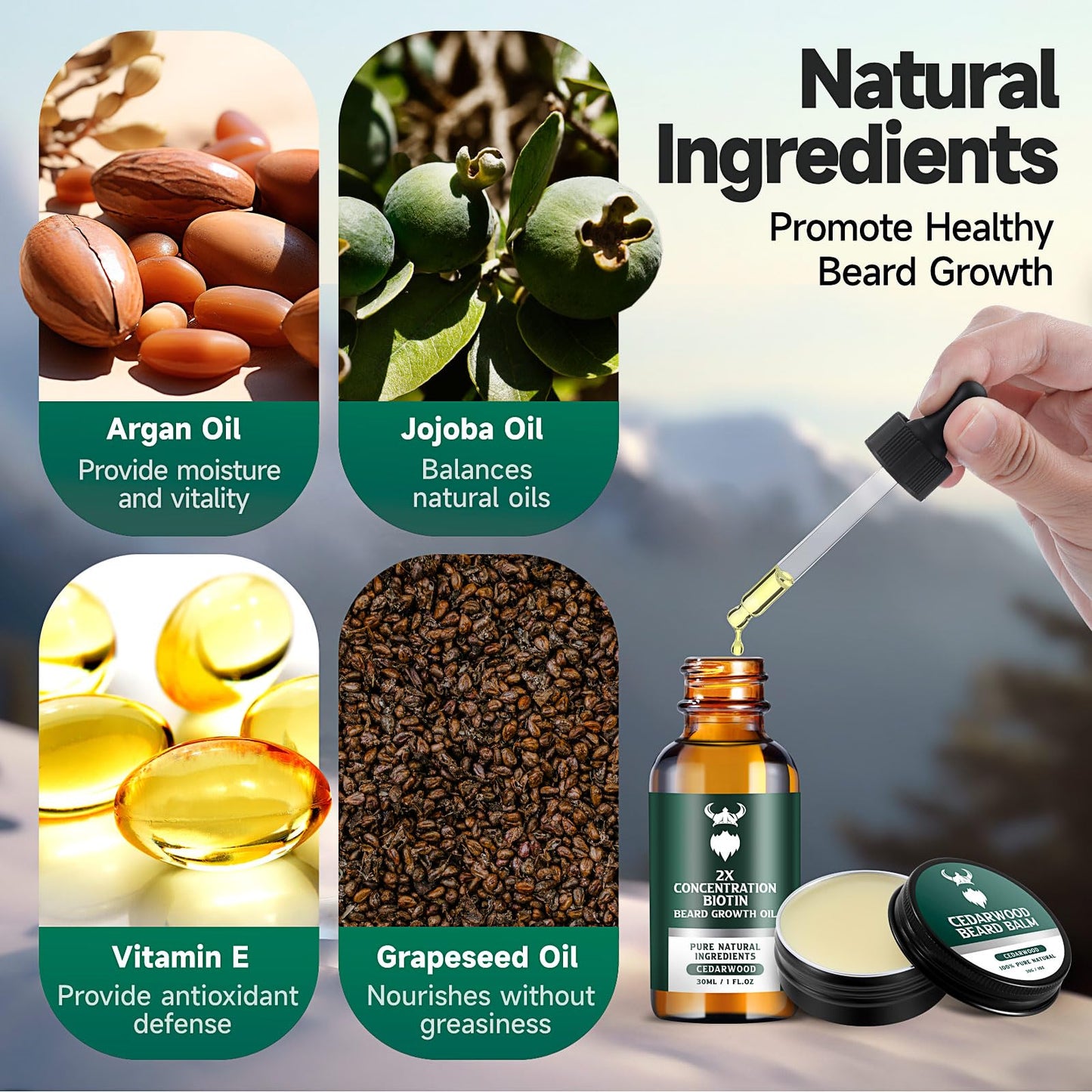 Beard Growth Kit - 2X Concentration Biotin for Men, Natural Argan, Jojoba Oils and Vitamins (Cedarwood) Beauty and Personal Care MistySprite