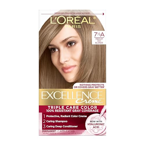 L'Oreal Paris Excellence Crème Permanent Hair Dye, Triple Care Hair Color with Hyaluronic Acid for 100% Gray Coverage, 7.5A Medium Ash Blonde, 1 Kit Beauty & Personal Care L'Oreal Paris