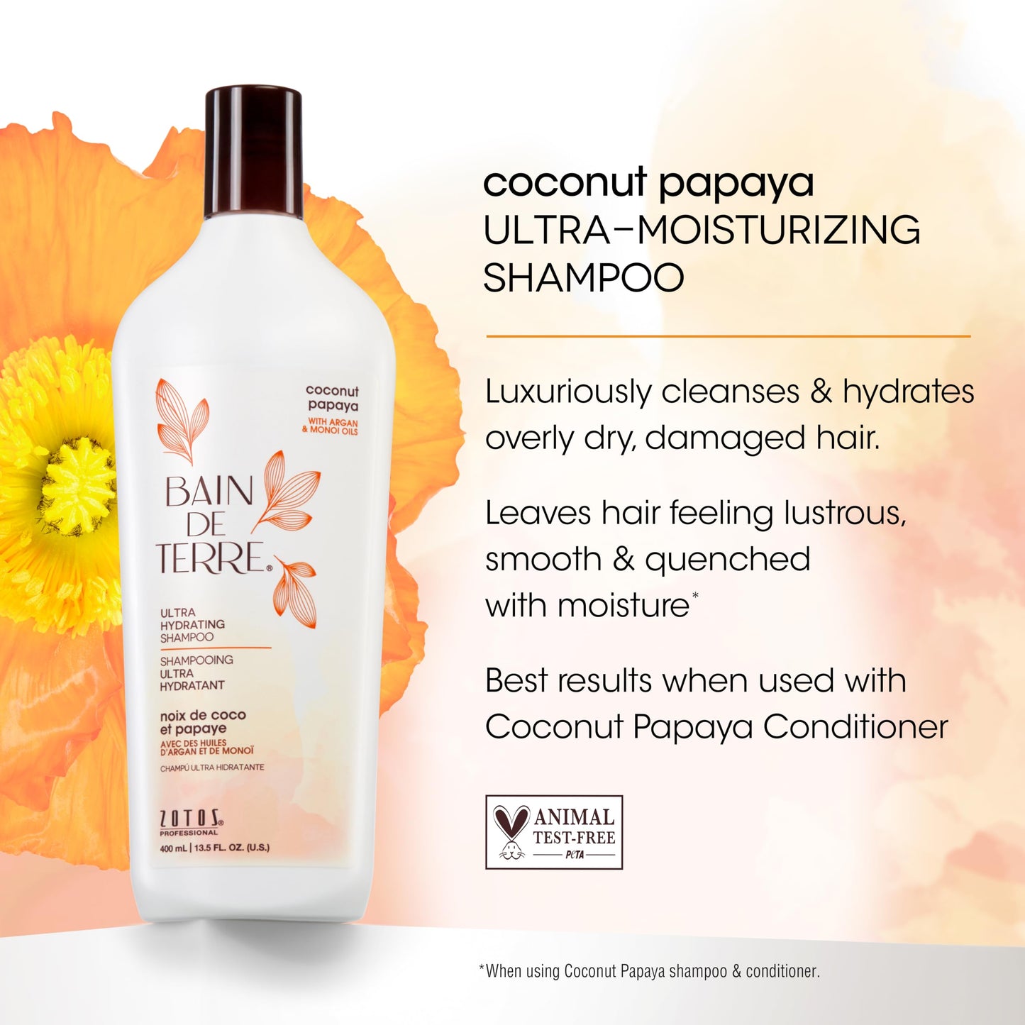 Bain de Terre Coconut Papaya Ultra Hydrating Shampoo, Moisture Quench for Dry, Damaged Hair, with Argan & Monoi Oils, Paraben-Free, Color-Safe Beauty & Personal Care Bain de Terre