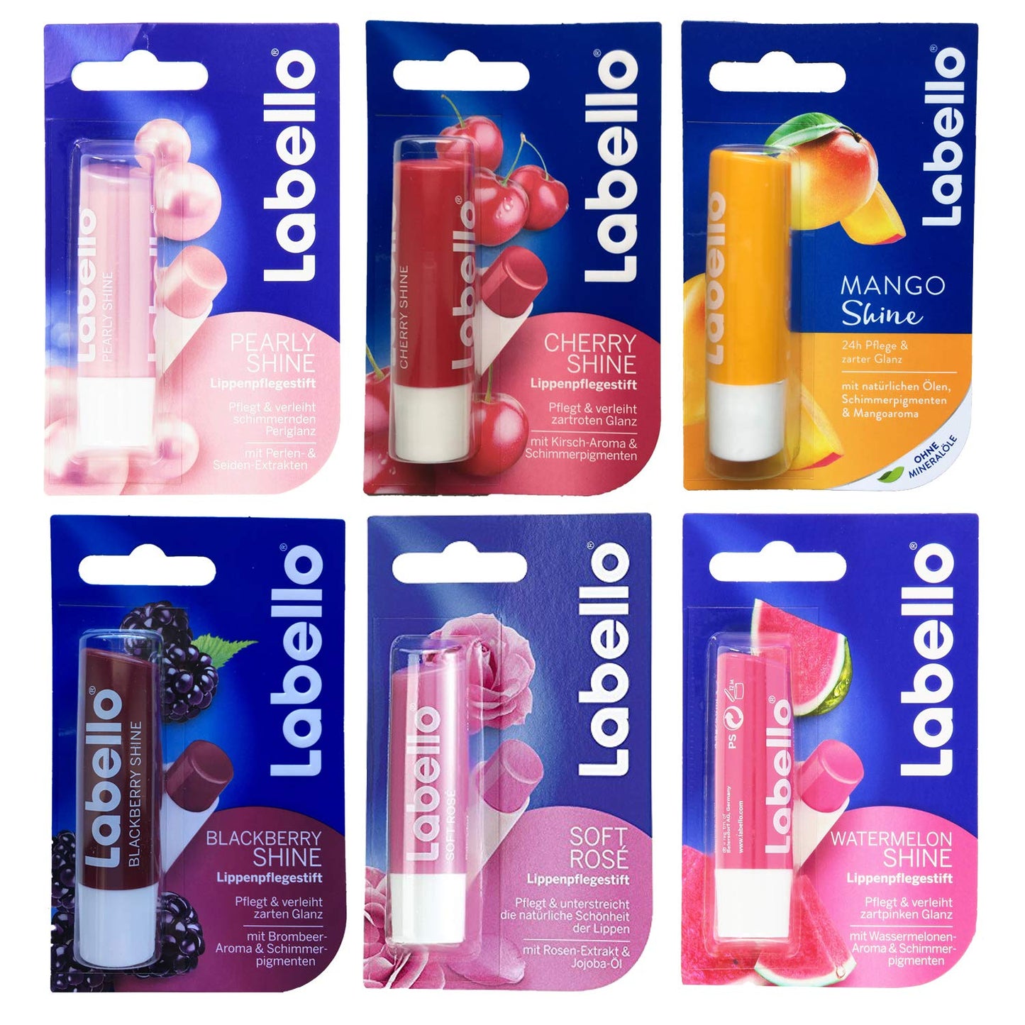 Lip Balm Bundle containing 6 Different Labello Lip Balms - Pearly Shine, Cherry Shine, Mango, Black berry Shine, Soft Rose, Watermelon Shine Beauty and Personal Care Labello