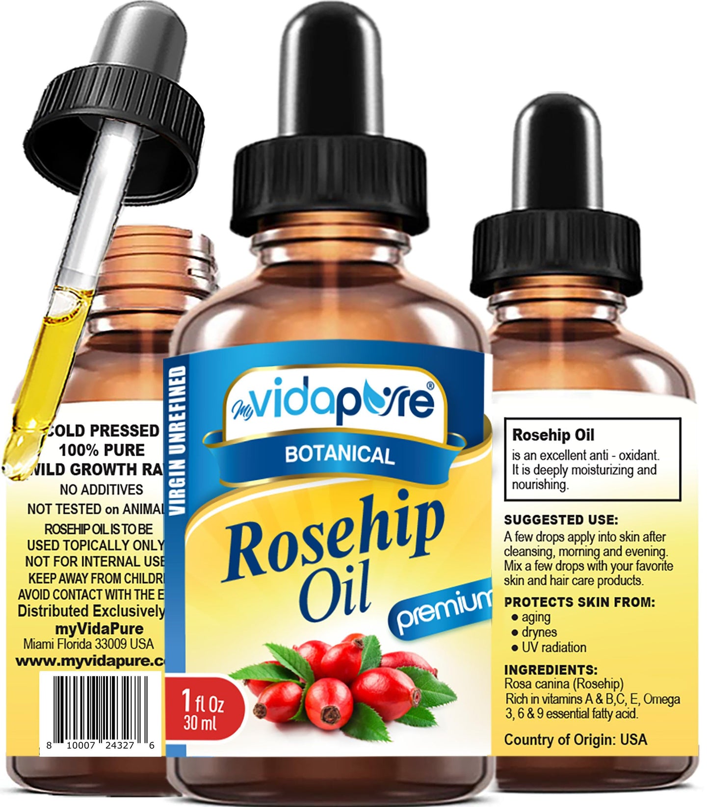 MYVIDAPURE Rosehip Oil Vitamin A, Vitamin C, Vitamen E for Wrinkles, Scars, Stretch Marks, Face, Body, Hair, Lip Care. (1 Fl Oz) Beauty & Personal Care MYVIDAPURE