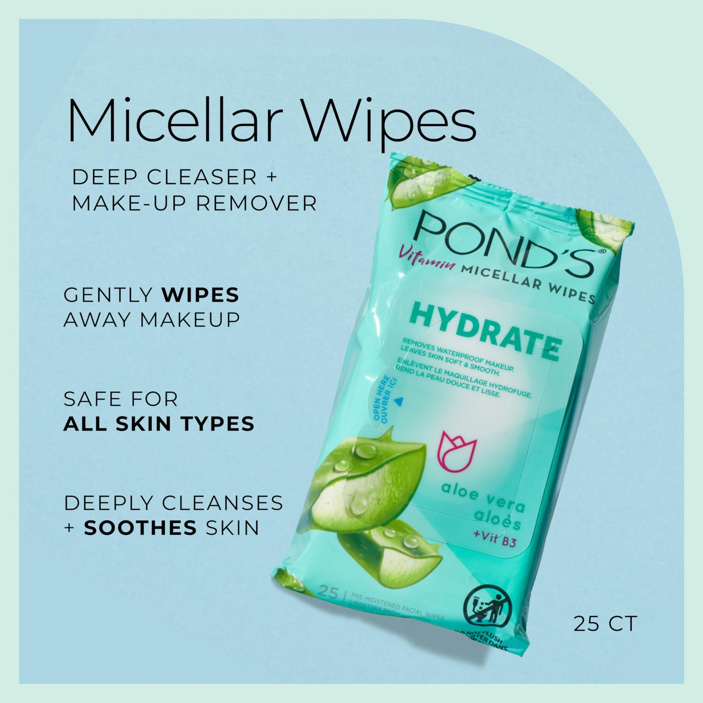 POND’S Micellar Makeup Remover Wipes, Removes Waterproof Mascara, with Aloe Vera & Vitamin B3, Alcohol-Free Facial Cleansing Wipes for Dry Skin, 25 Beauty & Personal Care POND'S