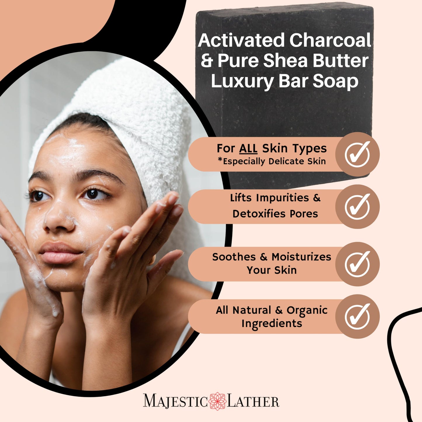 Majestic Lather Activated Charcoal & Shea Butter Luxury Bar Soap for Face, Body, Oily & Sensitive Skin, Eczema, Psoriasis and ACNE. Purifying Beauty & Personal Care Majestic Lather