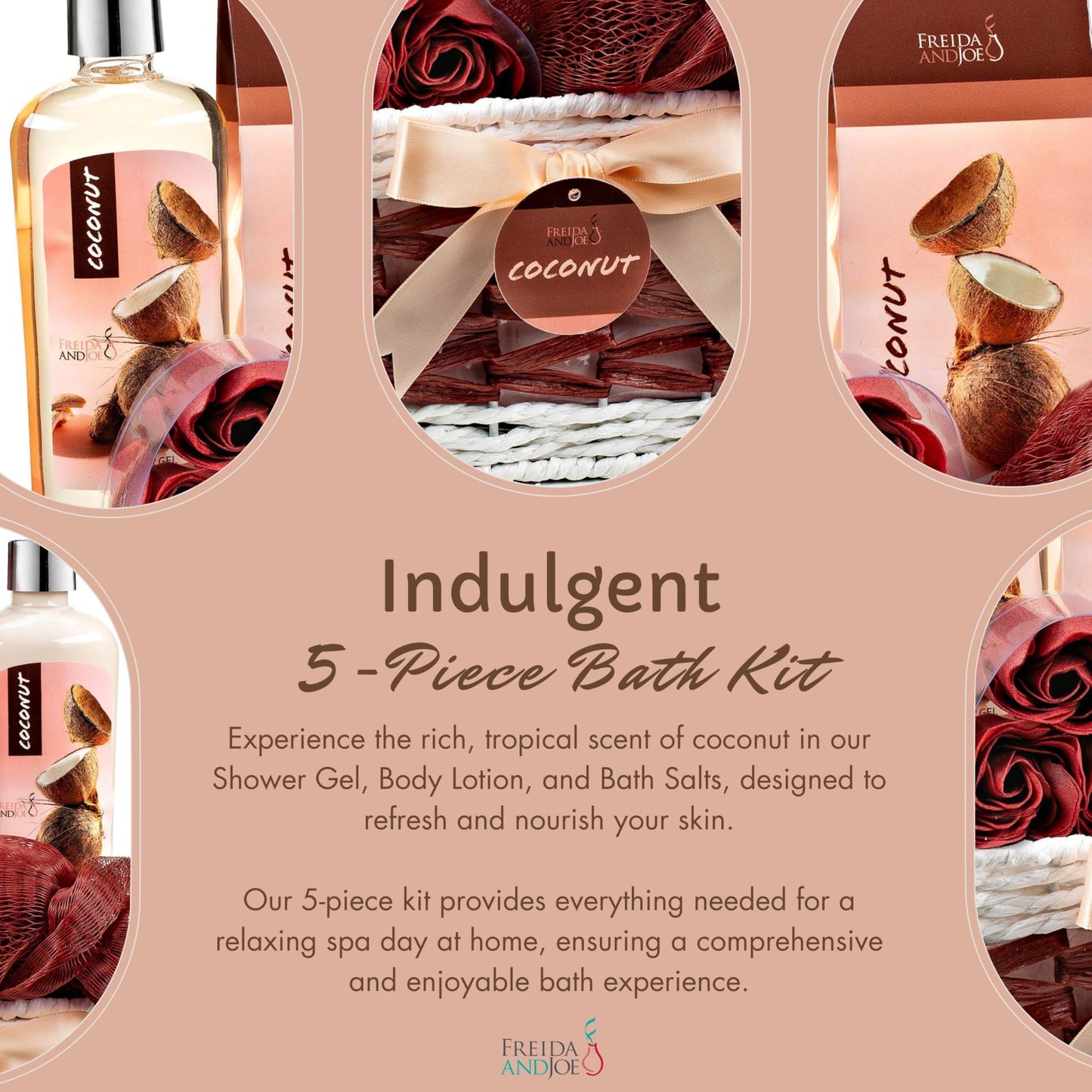 Coconut Spa with Wicker Gift Basket Bath & Body Set, Pink & Brown Beauty and Personal Care Freida and Joe