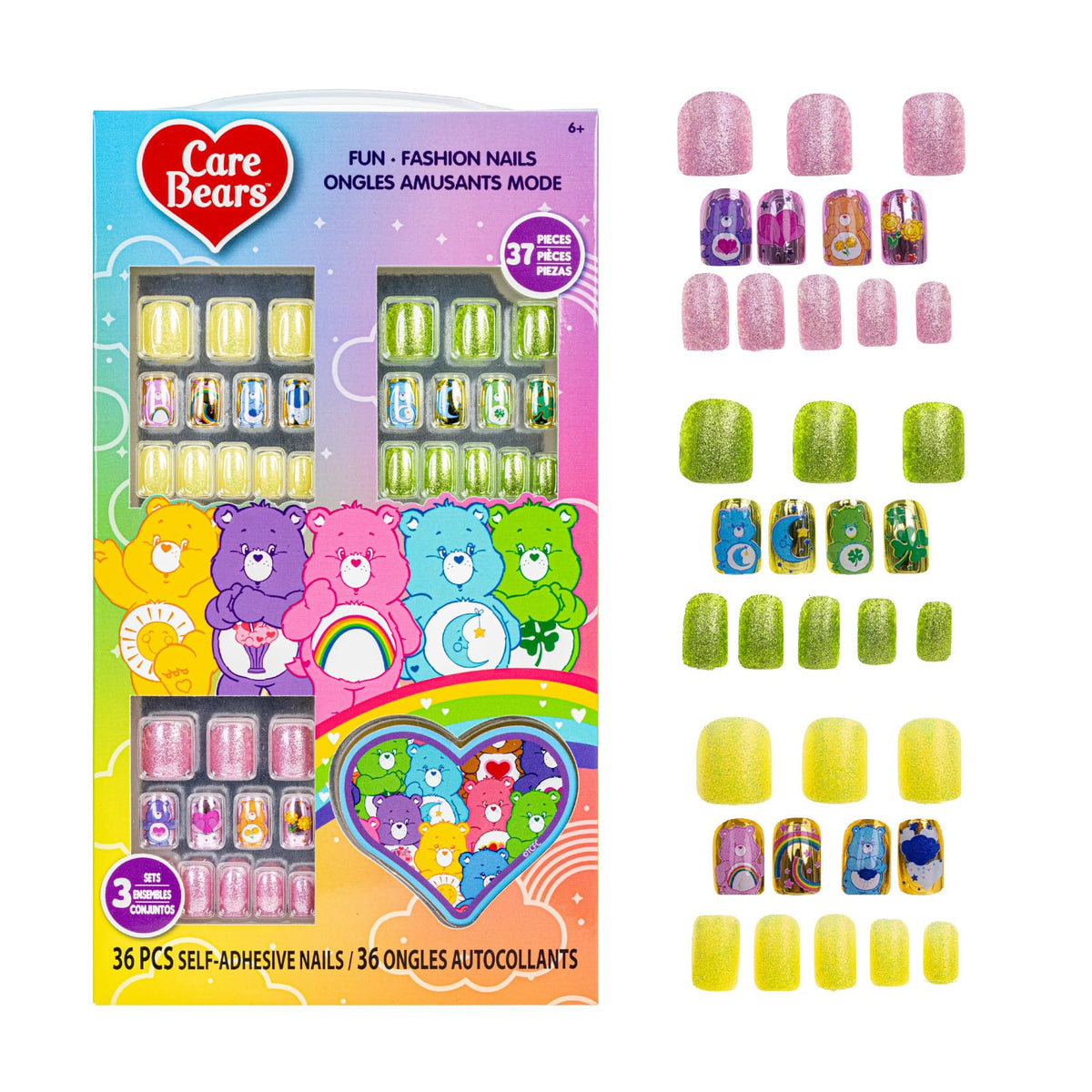 Care Bears 36 pcs Press on Nails for Kids | Pre-Glued & Fake Nails with Nail File for Girls | Birthday Gifts for Ages 6+ by Townley Girl