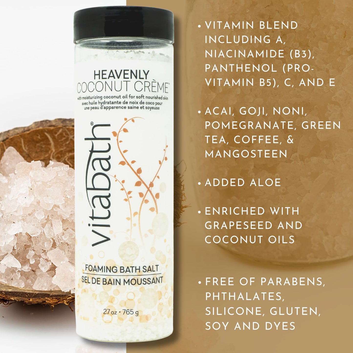 Vitabath Heavenly Coconut Crème Foaming Bath Salts Relaxing Bubble Aromatherapy Skincare - Muscle & Body Ache Soothing & Skin Nourishing Foamy Soak Beauty and Personal Care Vitabath