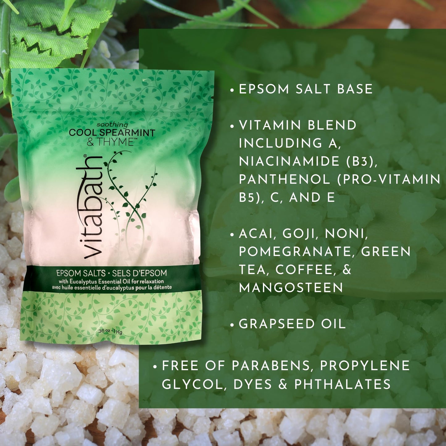 Vitabath Cool Spearmint & Thyme Epsom Salts Relaxing Therapeutic Aromatherapy & Nourishing Skincare - Muscle Soreness & Body Ache Soothing Soak Beauty and Personal Care Vitabath
