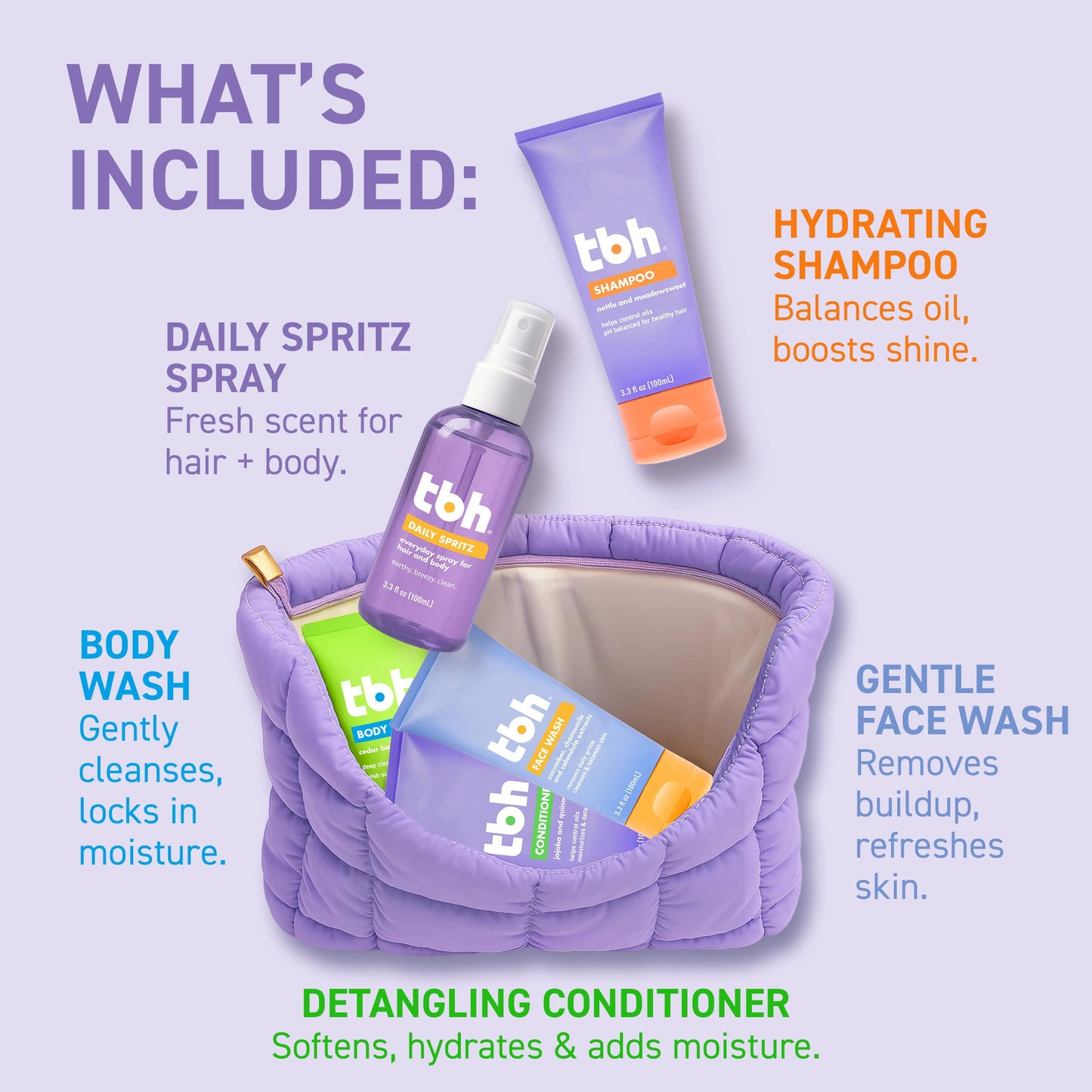 TBH Kids Glow & Go Gift Set | Tween Hair, Body & Skincare Kit for Girls and Boys | 5 Clean Mini Essentials in Travel Zip Pouch - Perfect Self-Care Beauty & Personal Care TBH