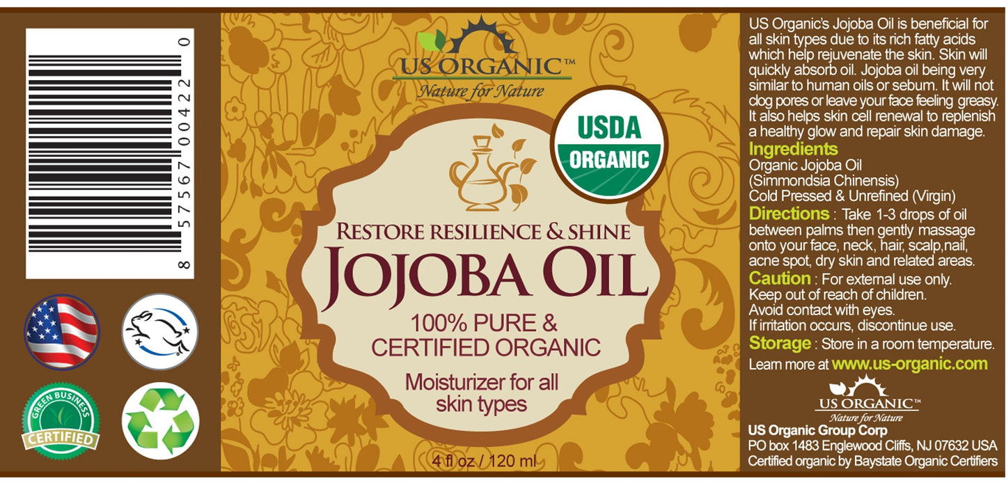 US Organic Jojoba Oil, USDA Certified Organic,100% Pure & Natural, Cold Pressed Virgin, Unrefined, Haxane Free, Sourced from Middle East Directly Beauty & Personal Care US Organic