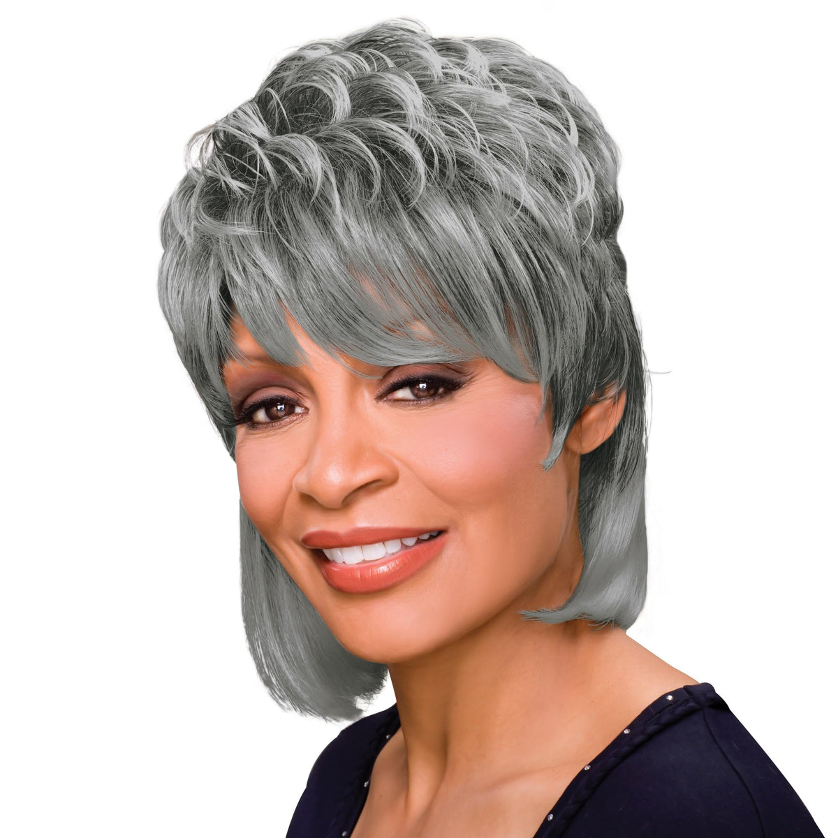 Peggy Wig Color 51 - Foxy Silver Wigs 10" Mid Length Chunk Layers Tapered Bangs Synthetic African American Lightweight Bundle Maxwigs Hairloss Booklet
