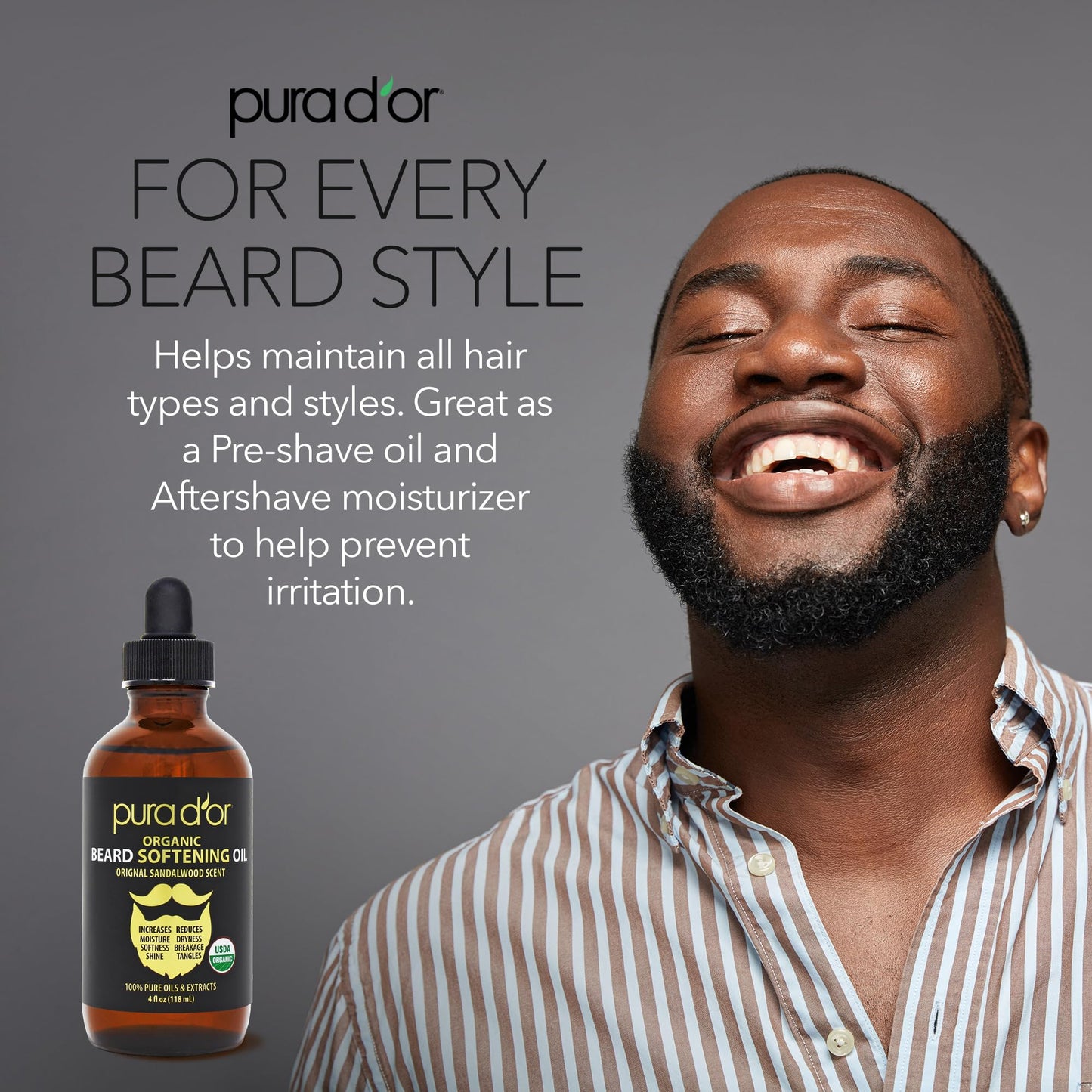 PURA D'OR 4 Oz ORGANIC Beard Softening Oil - Original Sandalwood Scent - Leave-In Conditioner, Argan & Jojoba Oil - Mustache Care & Maintenance Beauty and Personal Care PURA D'OR