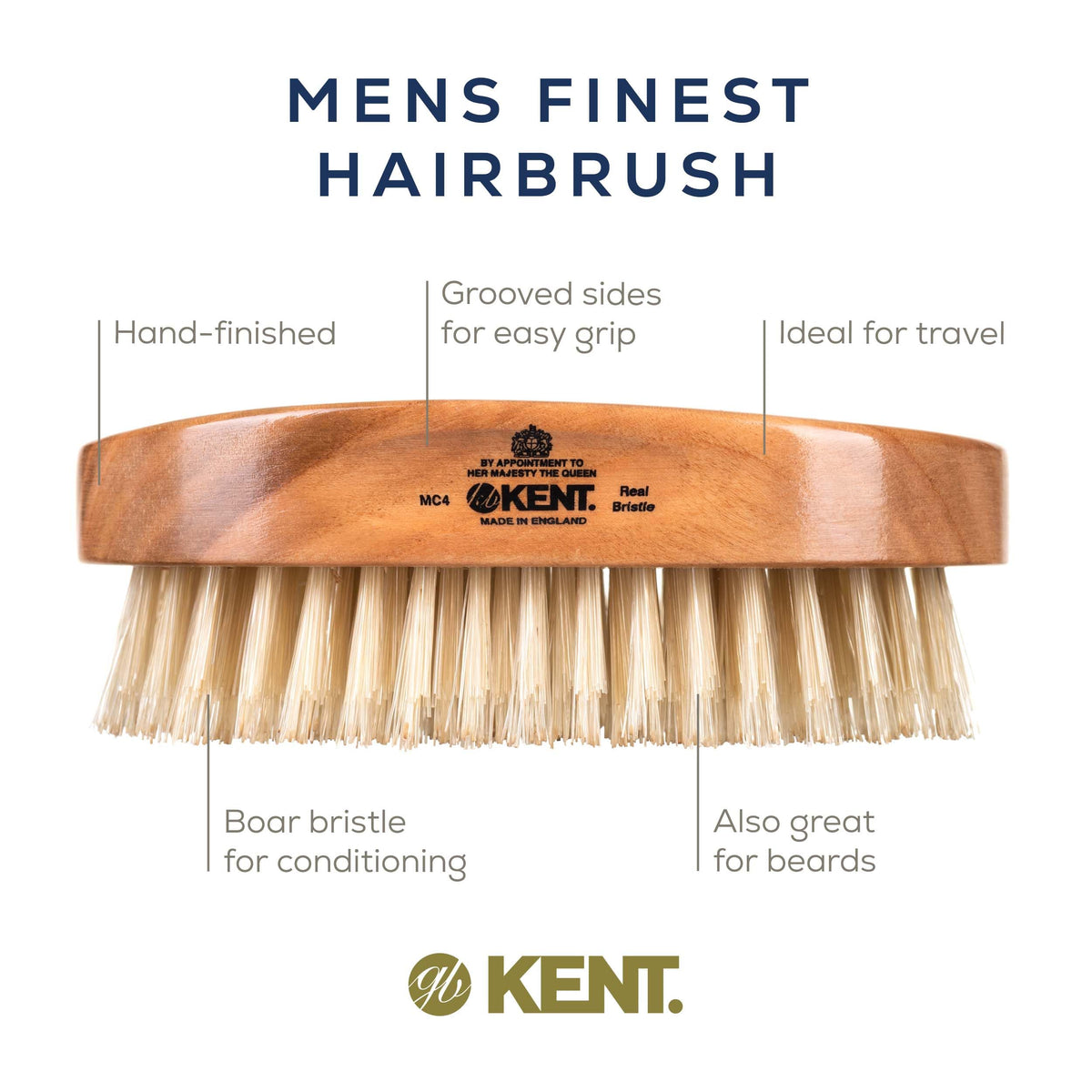 Kent MC4 Men's Hair and Beard Brush Kit: Exfoliating Natural Boar Bristle Hair Brush, Cherrywood Base with Firm Bristles for Coarse Hair Types - LPC3