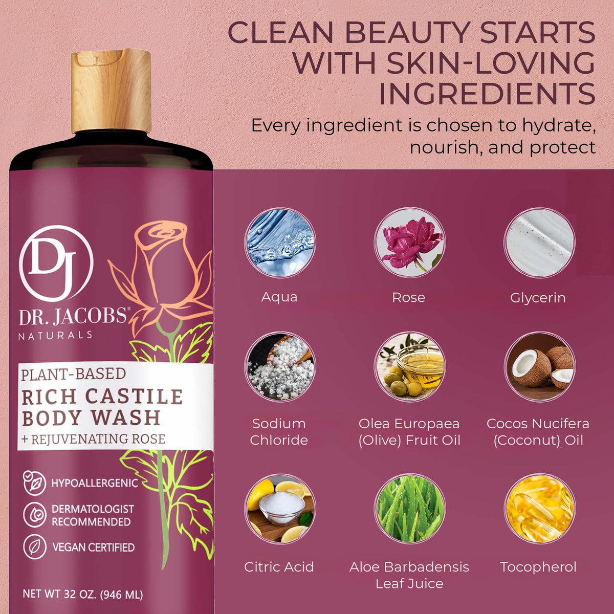 Dr. Jacobs Naturals Castile Rose All-Natural Body Wash for Moisturizing Dry and Sensitive Skin Shampoo with Plant-Based Ingredients Gluten Beauty & Personal Care DR.JACOBS NATURALS